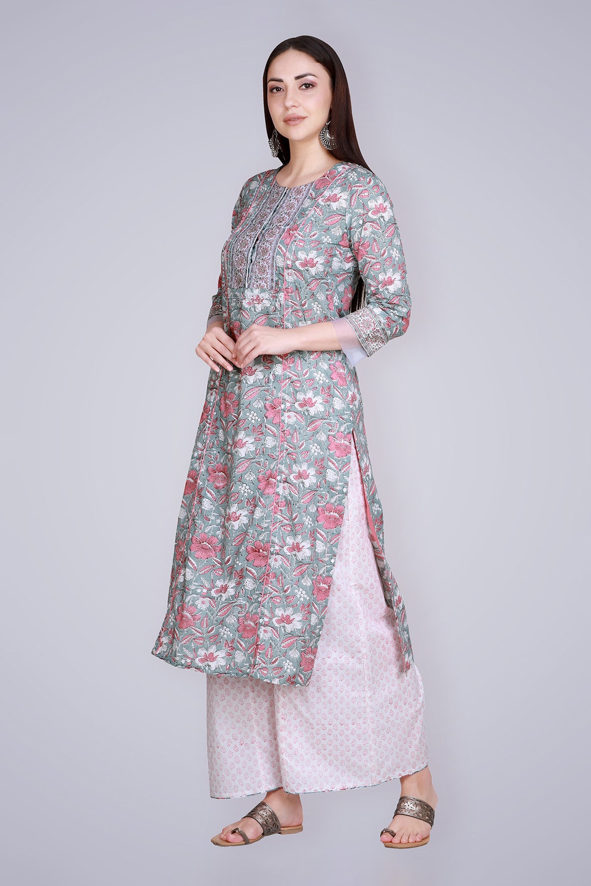 Grey Pink Block Printed & Hand Embroidered Suit Set