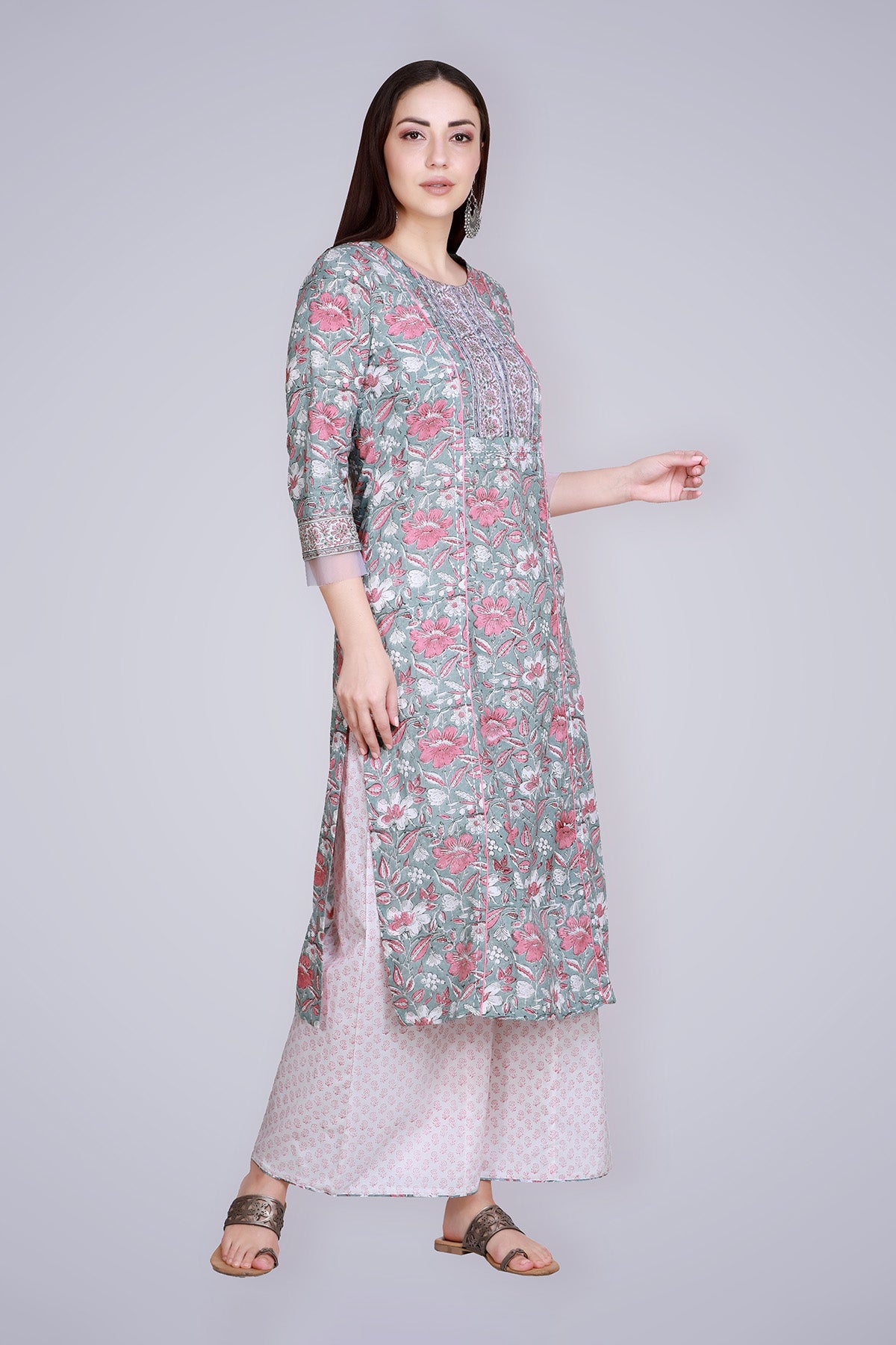 Grey Pink Block Printed & Hand Embroidered Suit Set