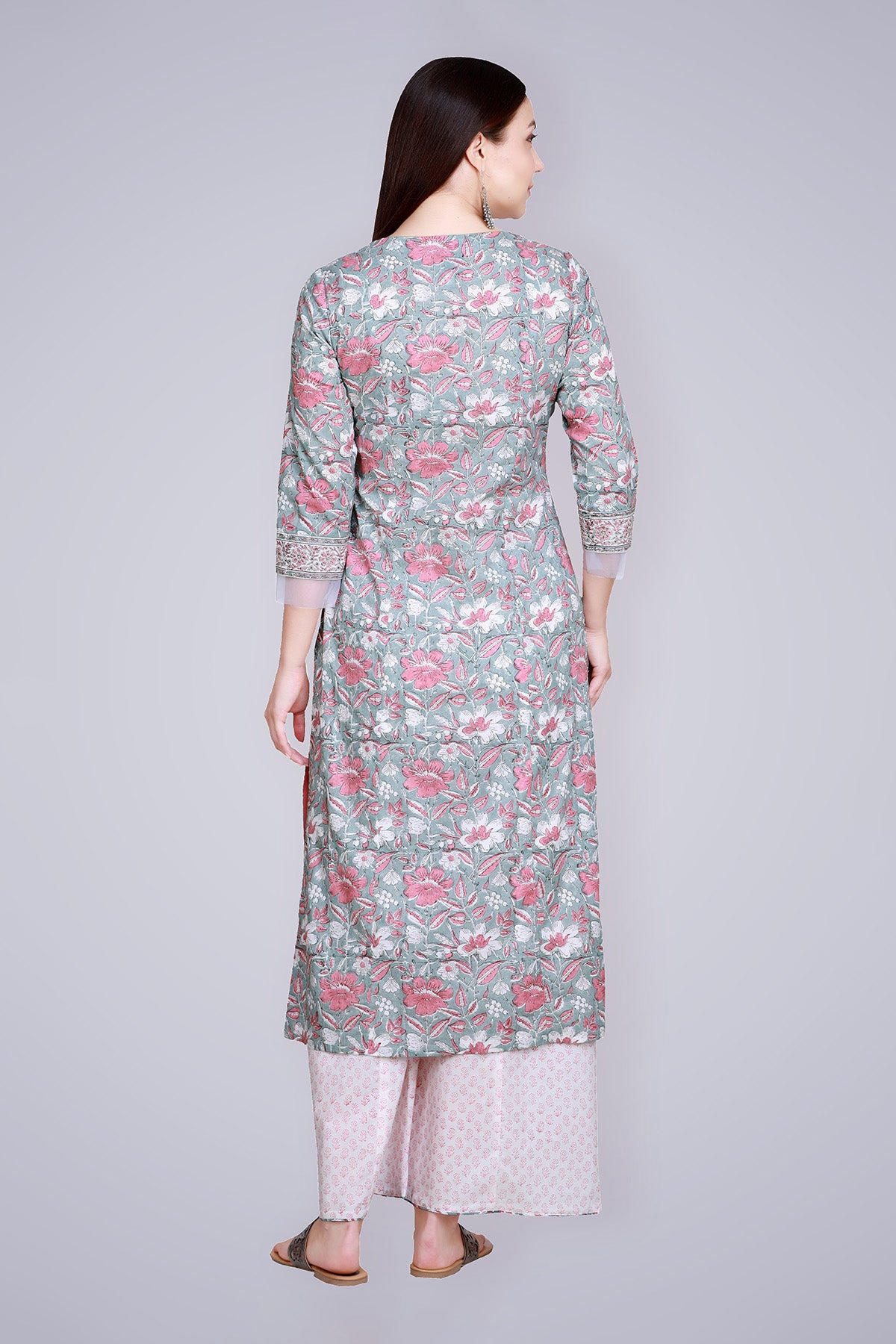 Grey Pink Block Printed & Hand Embroidered Suit Set