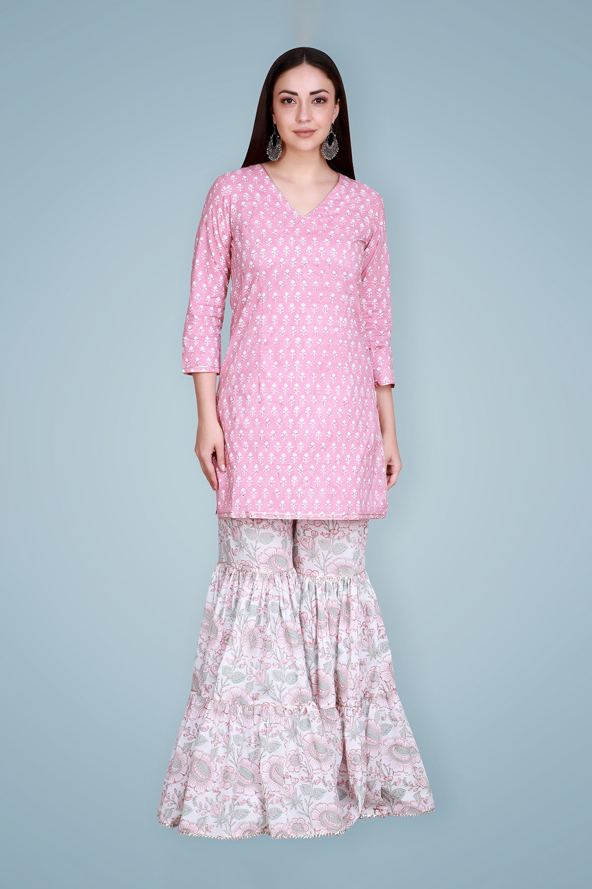 Pastel Pink Hand Block Printed Sharara Set