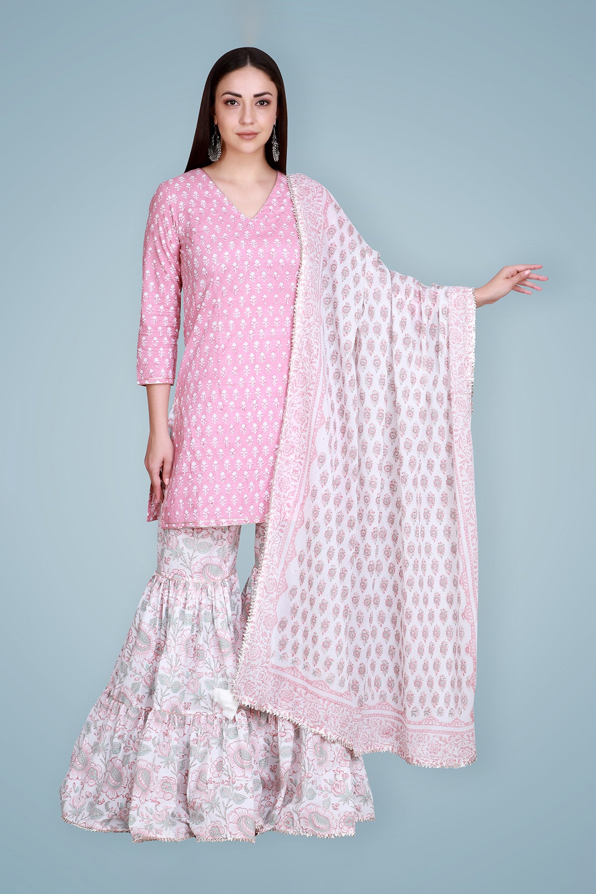 Pastel Pink Hand Block Printed Sharara Set