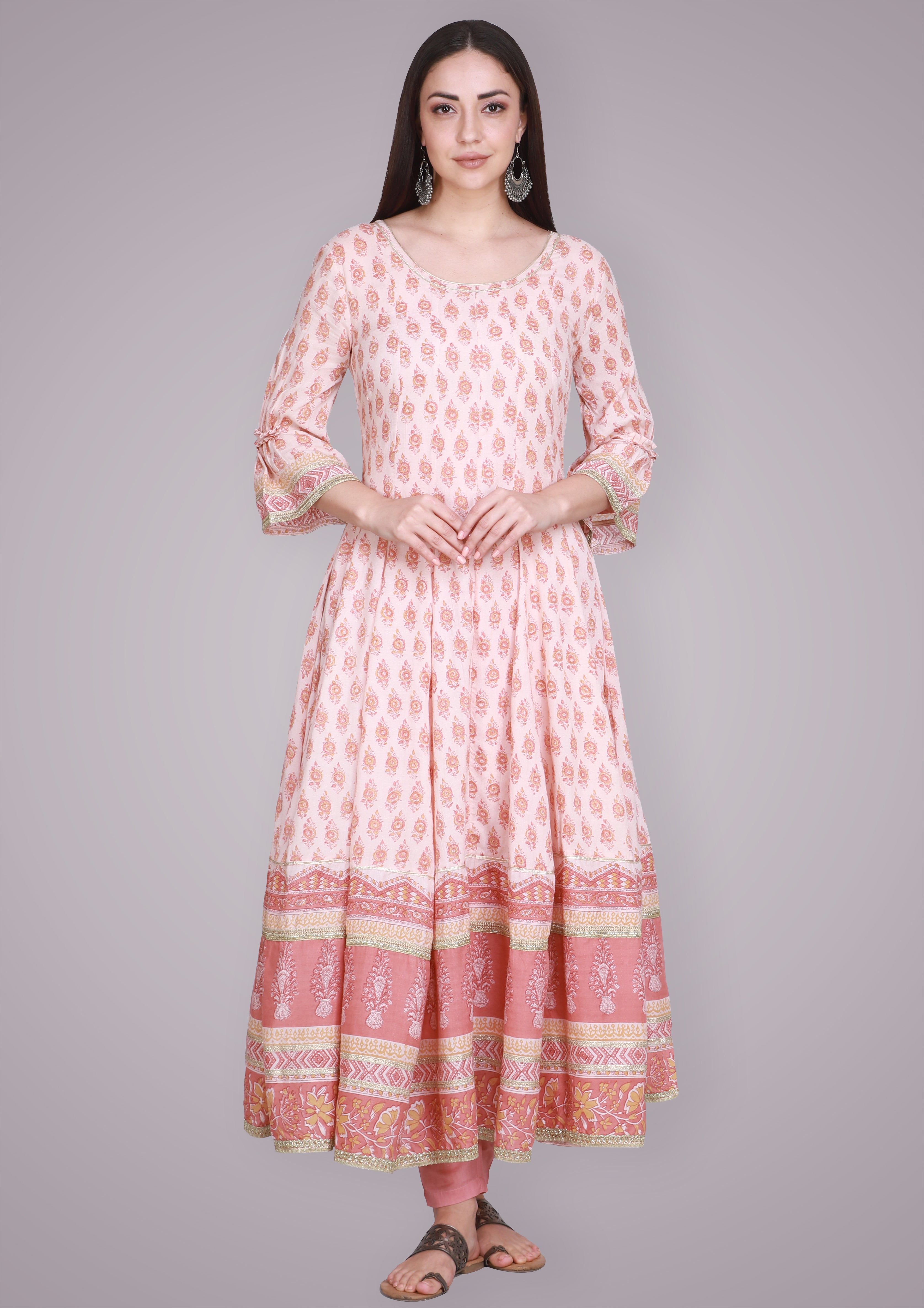 Coral Hand Block Printed Anarkali Suit Set