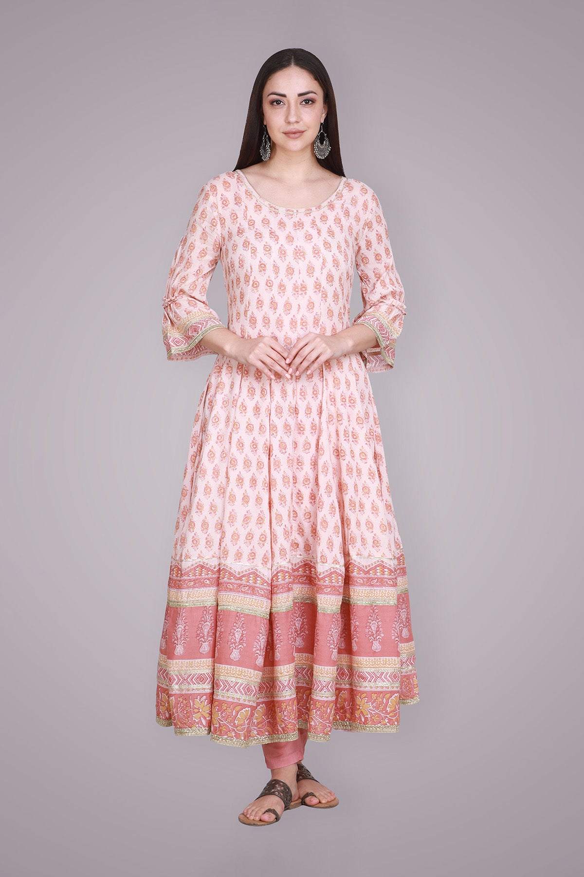Coral Hand Block Printed Anarkali Suit Set