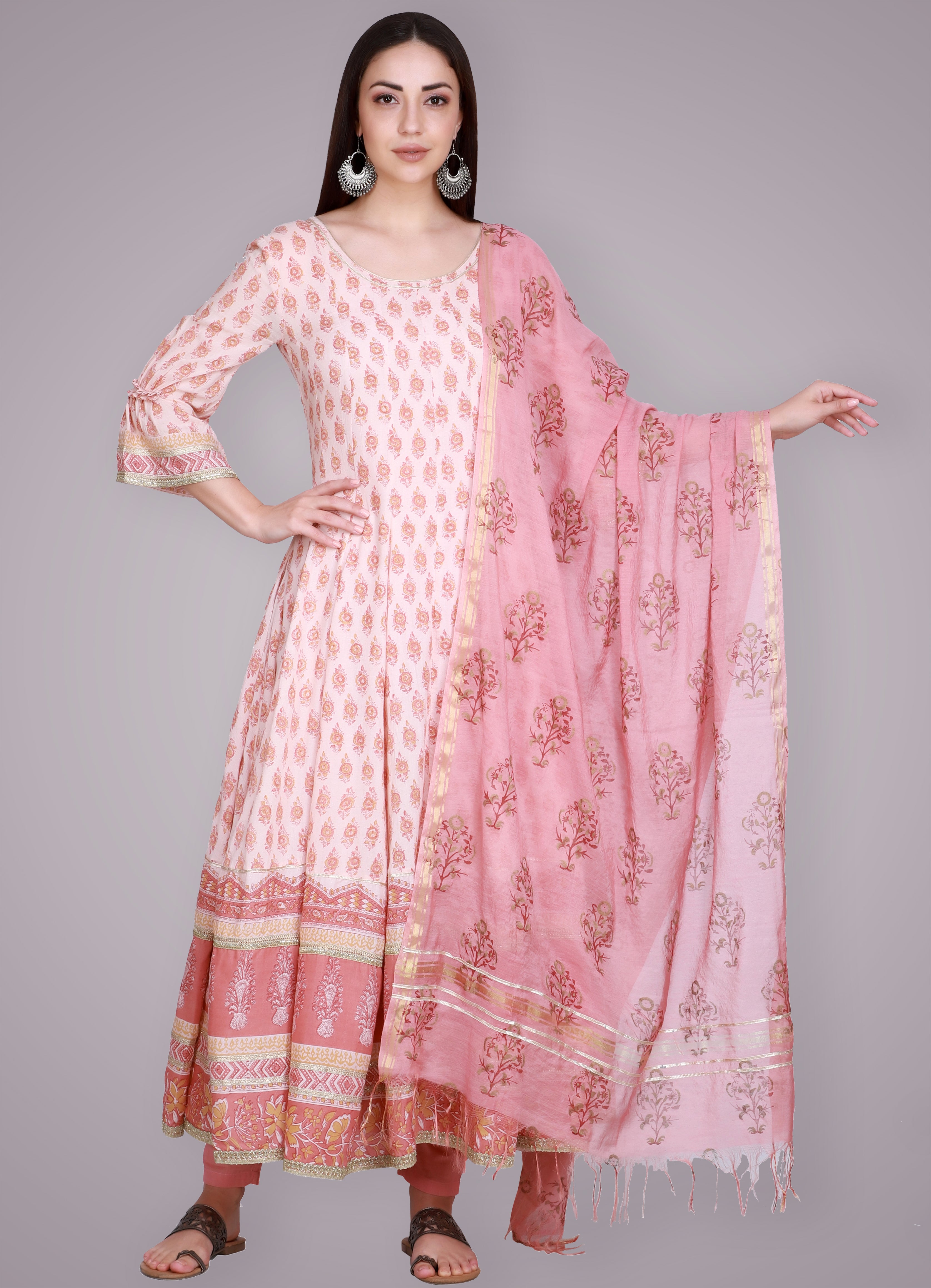Coral Hand Block Printed Anarkali Suit Set