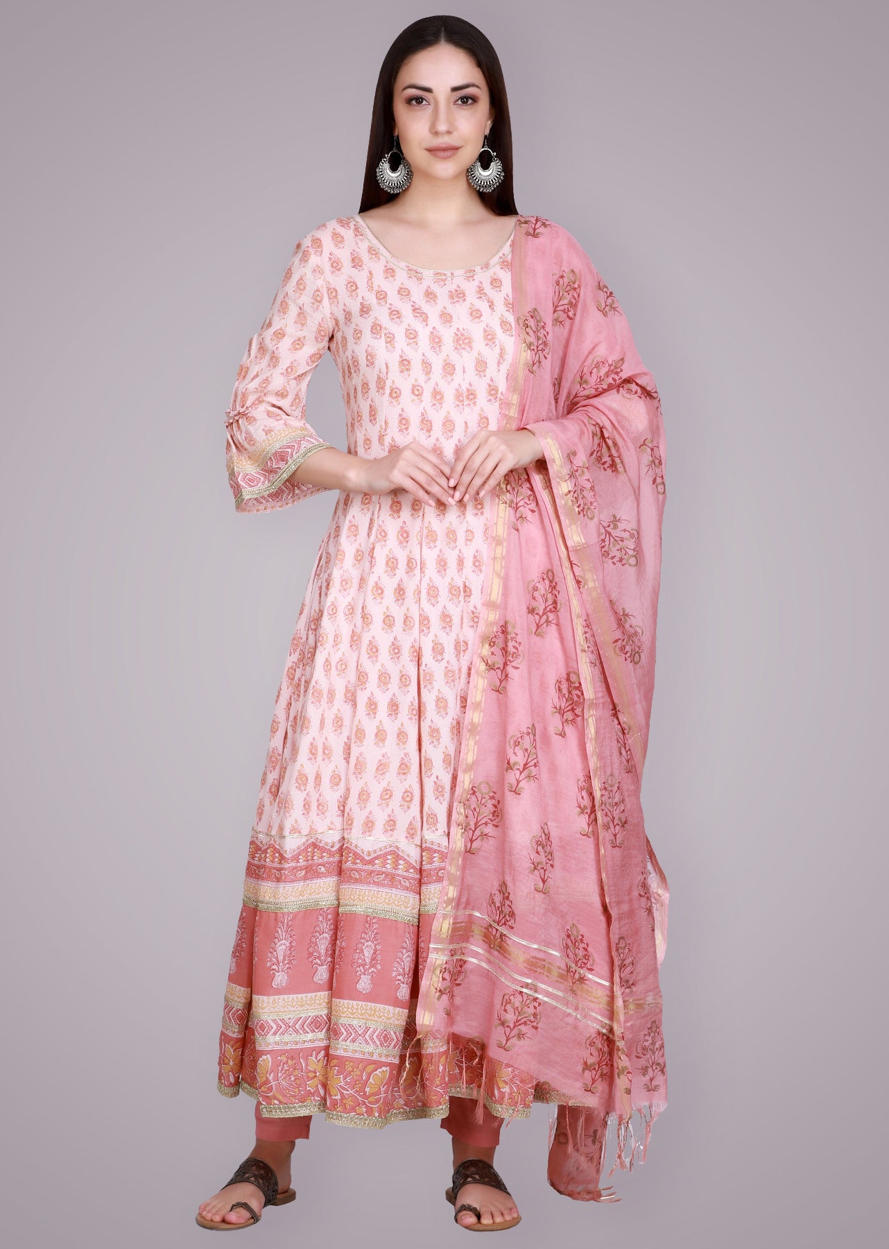 Coral Hand Block Printed Anarkali Suit Set