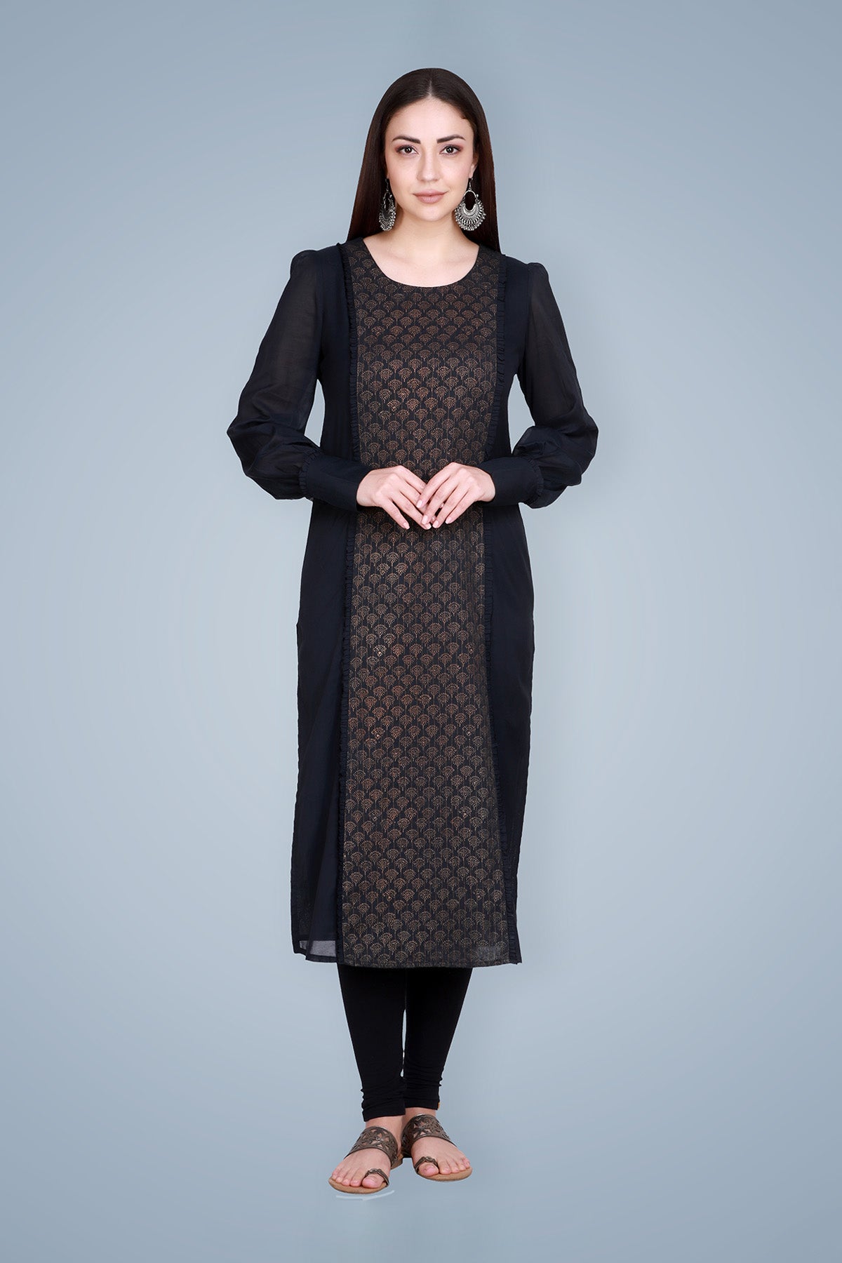 Gold Block Printed Black Cotton Silk Kurta