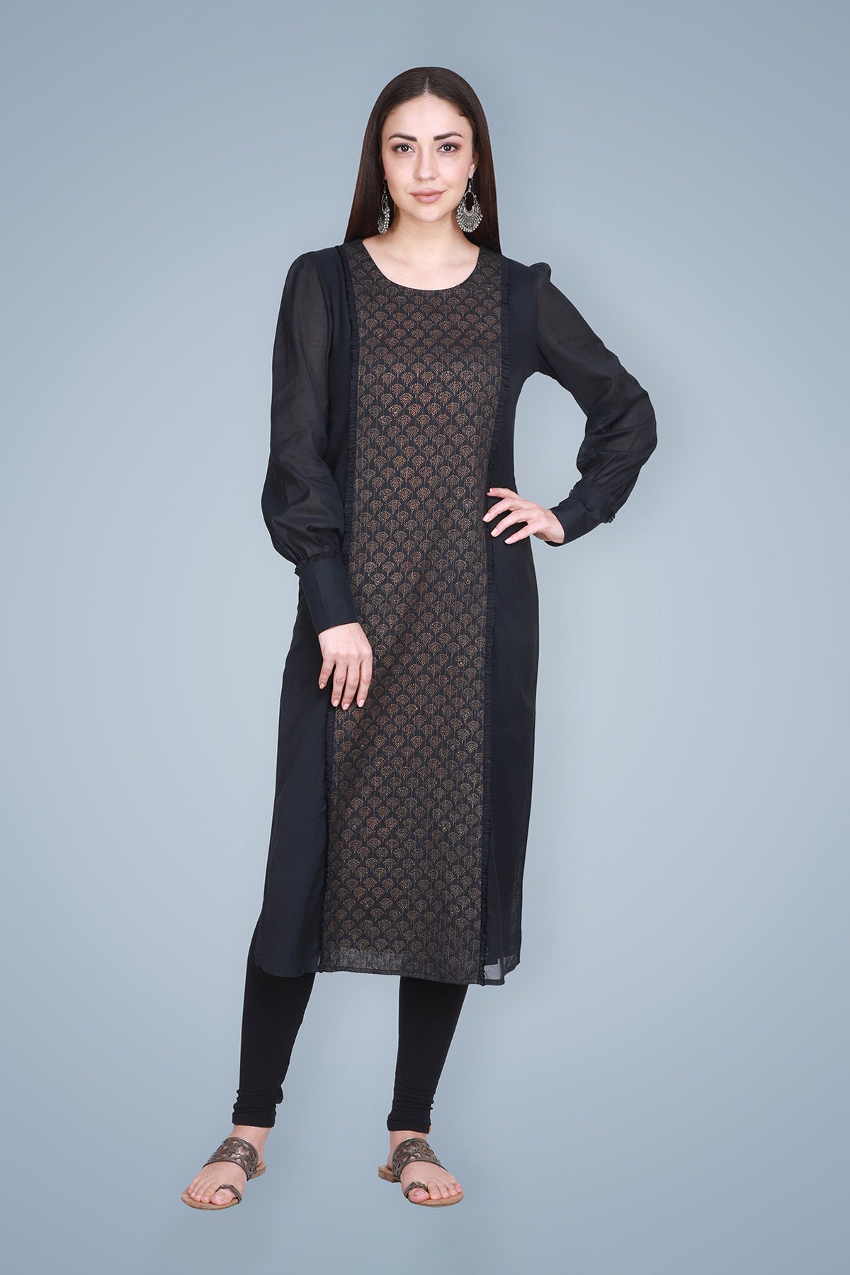 Gold Block Printed Black Cotton Silk Kurta