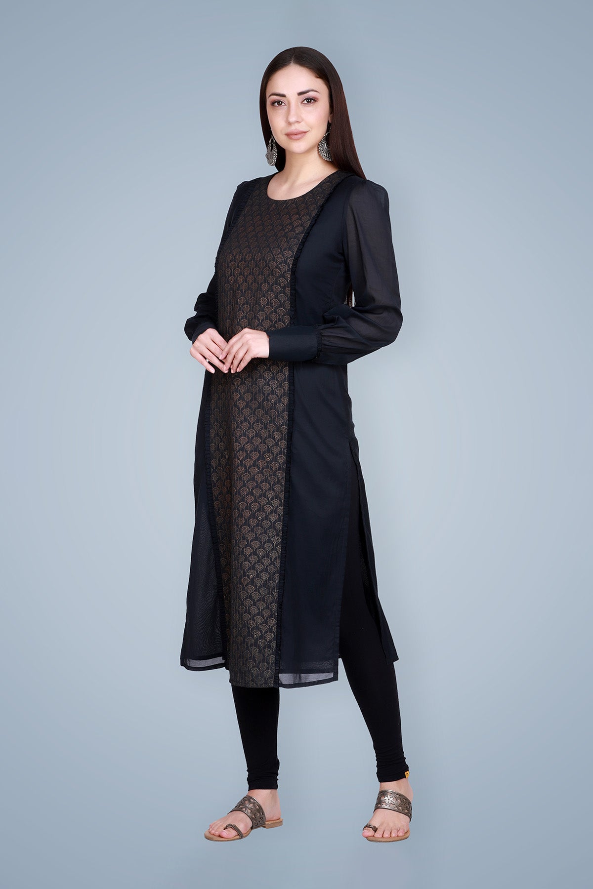 Gold Block Printed Black Cotton Silk Kurta