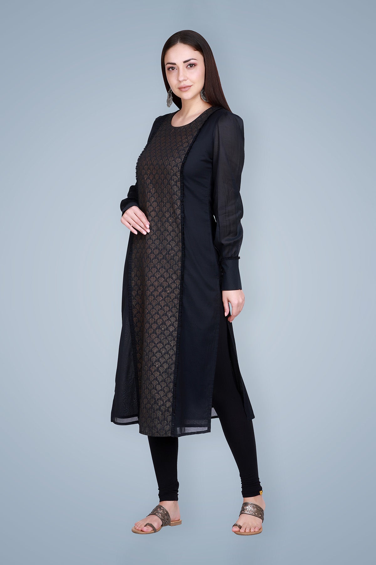 Gold Block Printed Black Cotton Silk Kurta