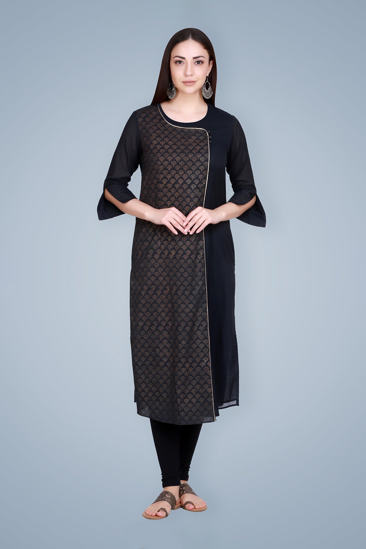 Gold Block Printed Angrakha Silk Kurta