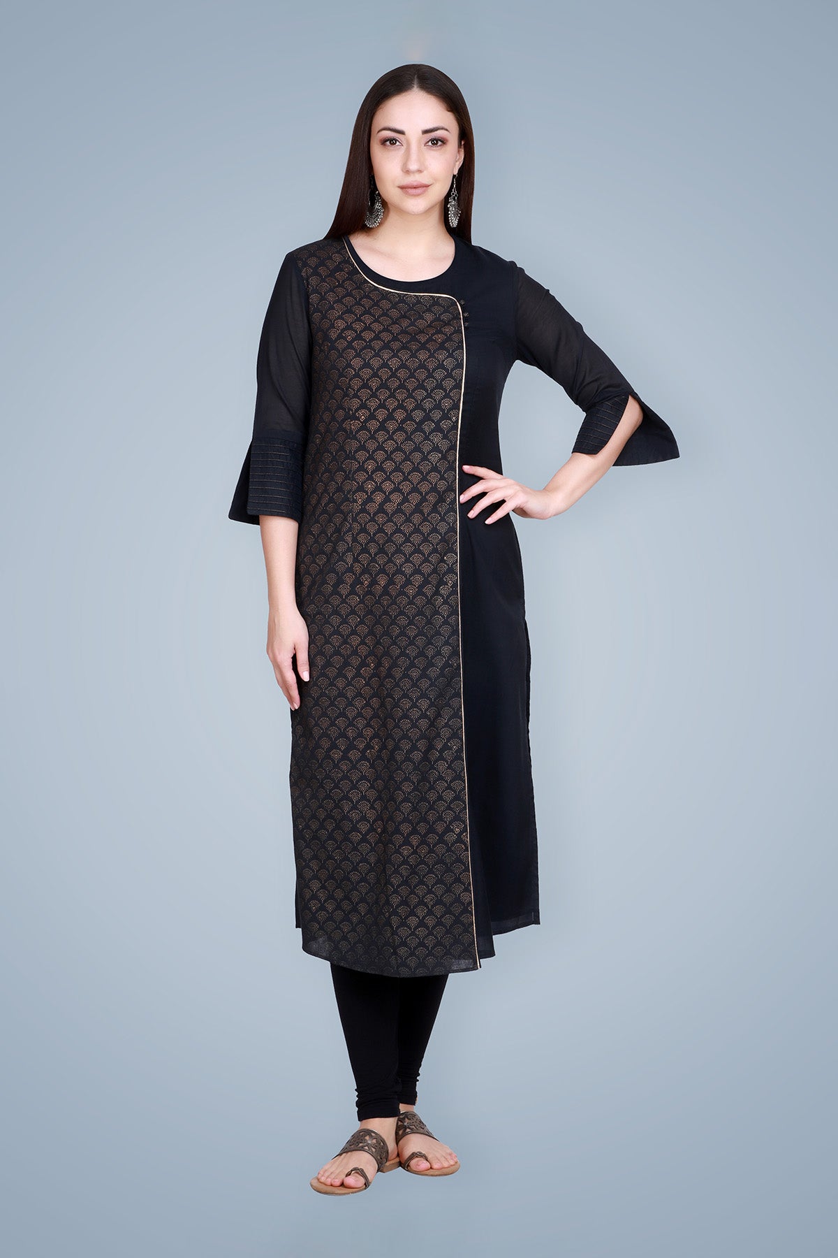 Gold Block Printed Angrakha Silk Kurta