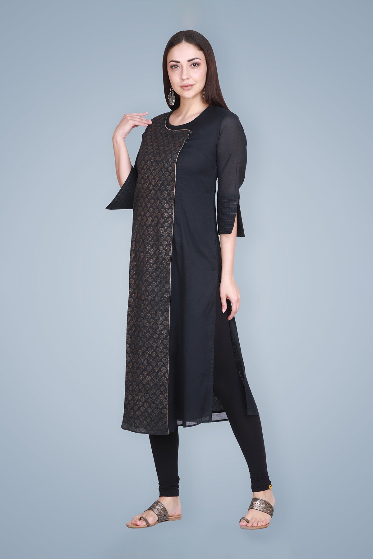 Gold Block Printed Angrakha Silk Kurta