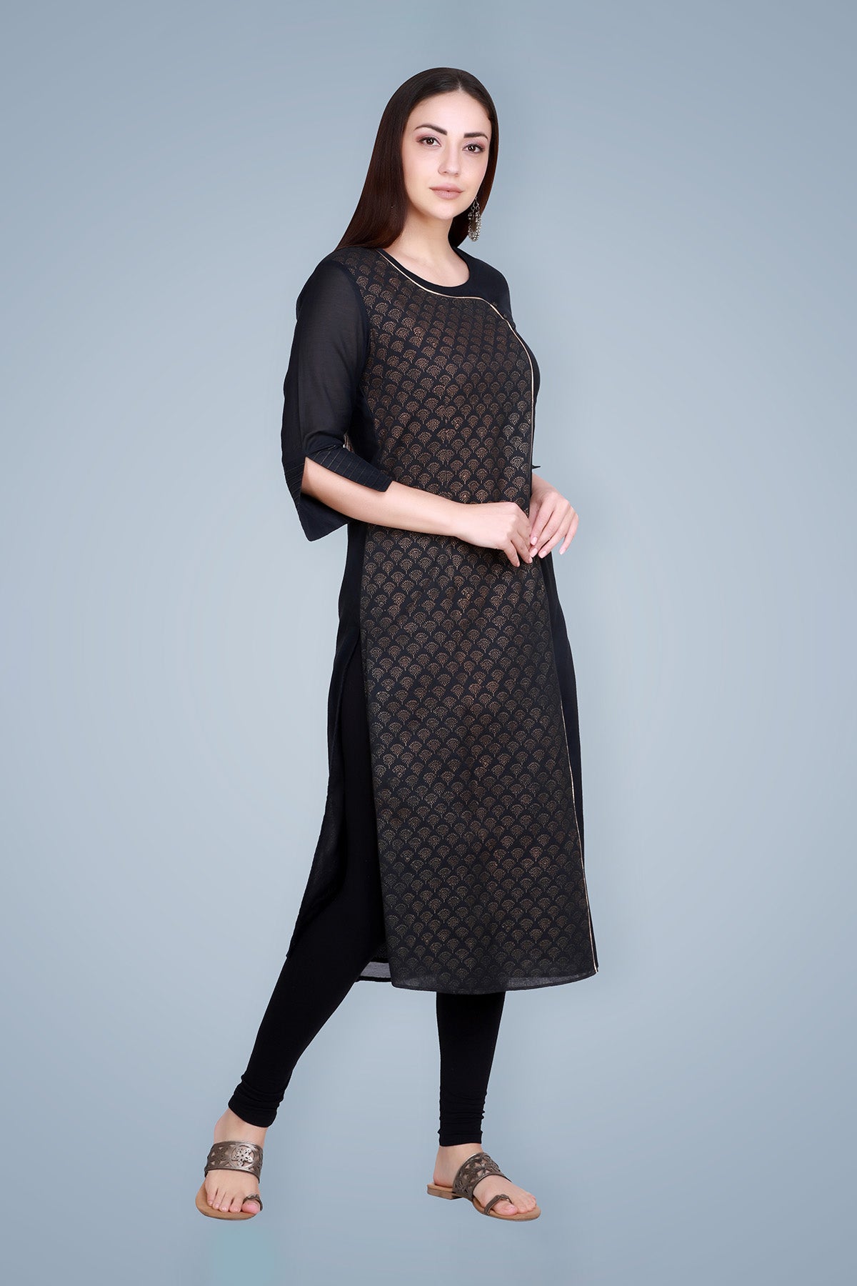 Gold Block Printed Angrakha Silk Kurta