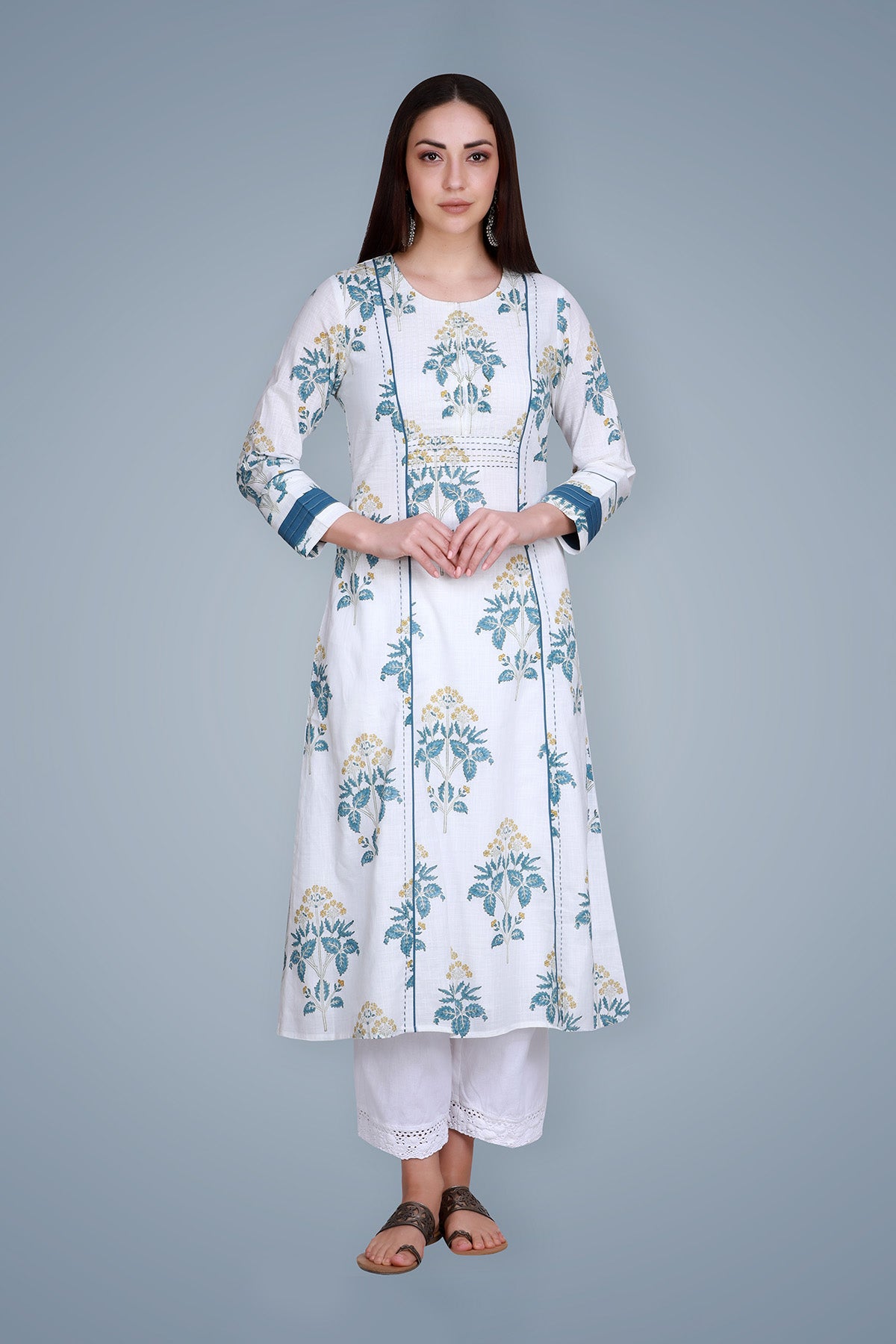 Sea Green Block Printed White Kantha Kurta