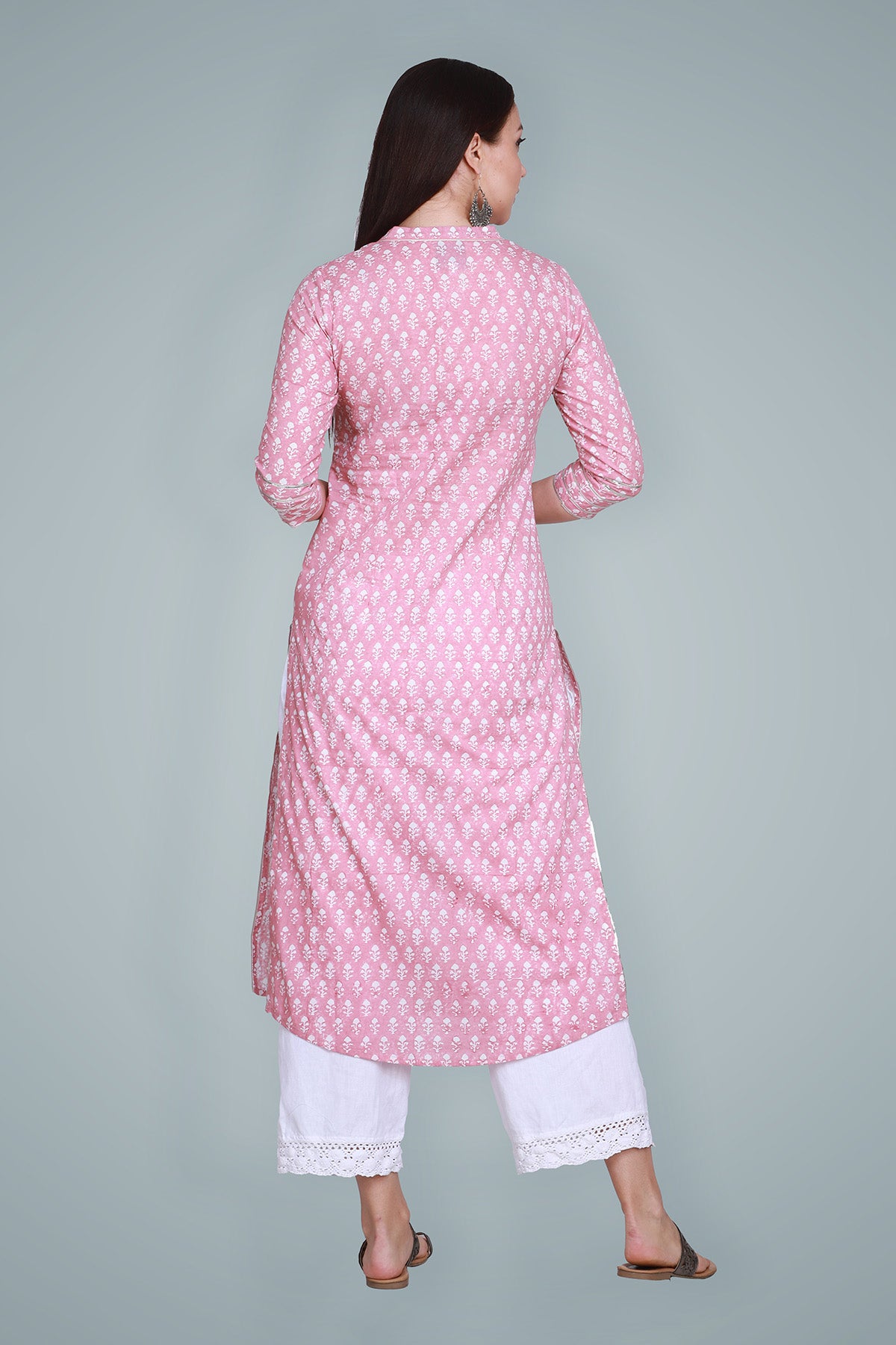 Pastel Pink Block Printed Straight Cotton Kurta