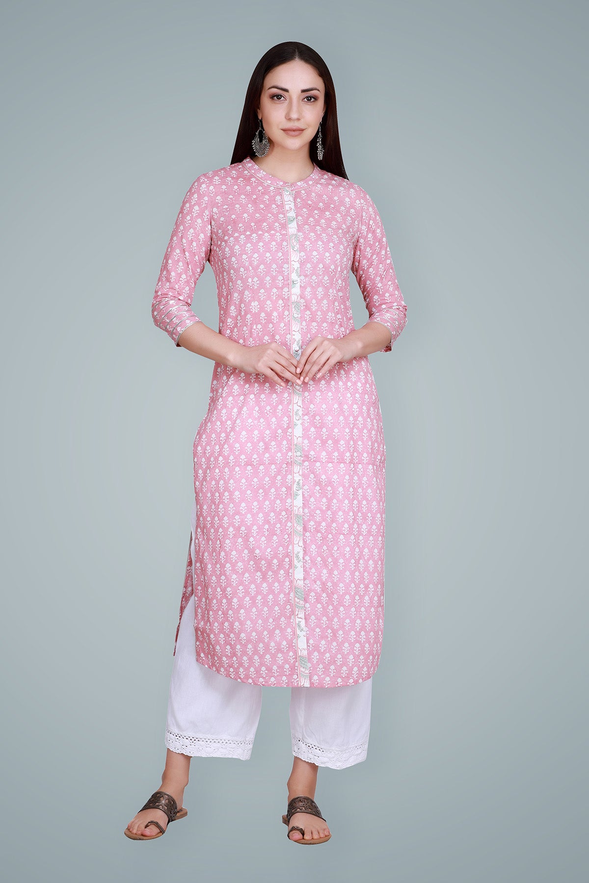 Pastel Pink Block Printed Straight Cotton Kurta