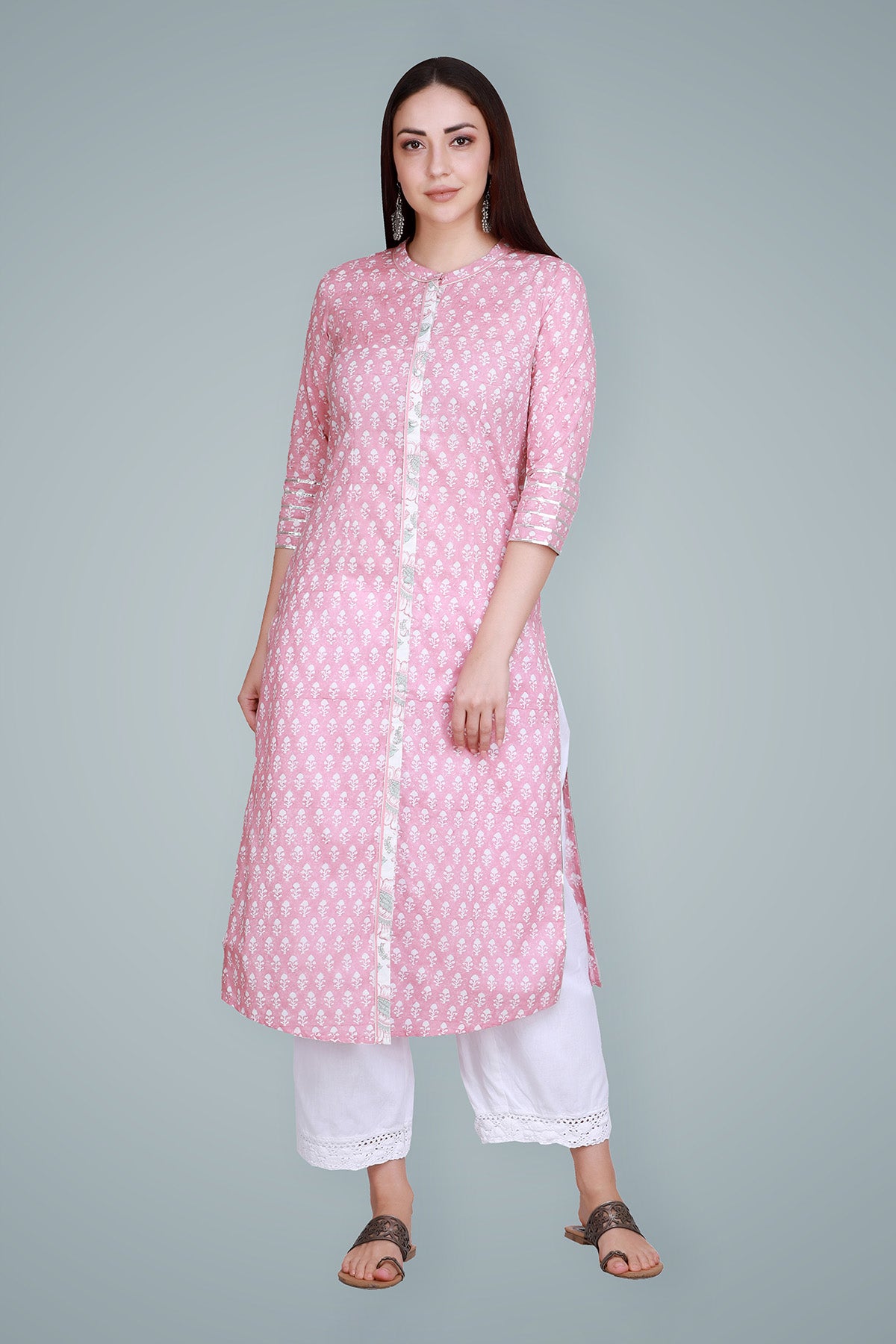 Pastel Pink Block Printed Straight Cotton Kurta