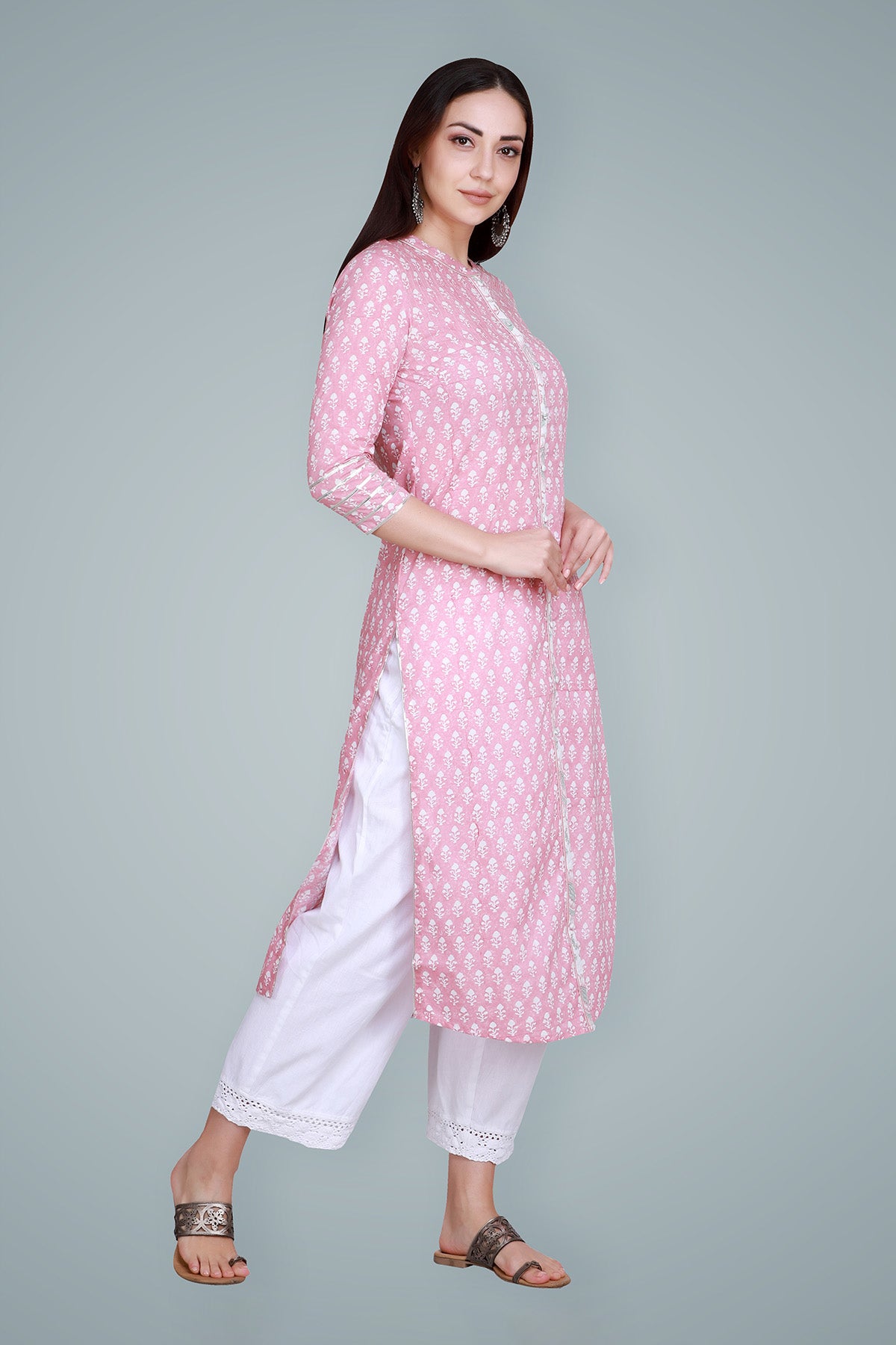 Pastel Pink Block Printed Straight Cotton Kurta