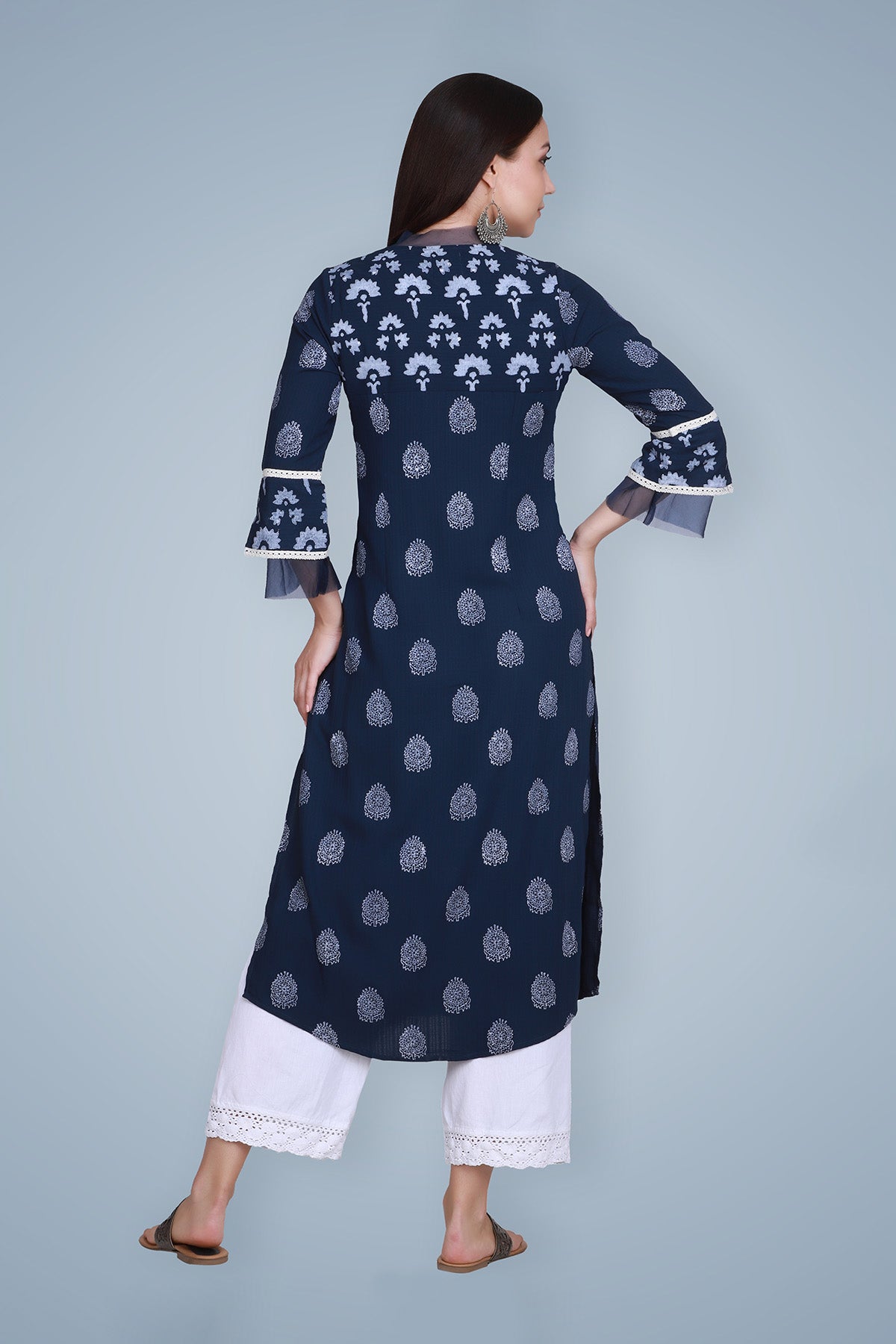 Navy Blue Hand Block Printed Straight Cotton Kurta