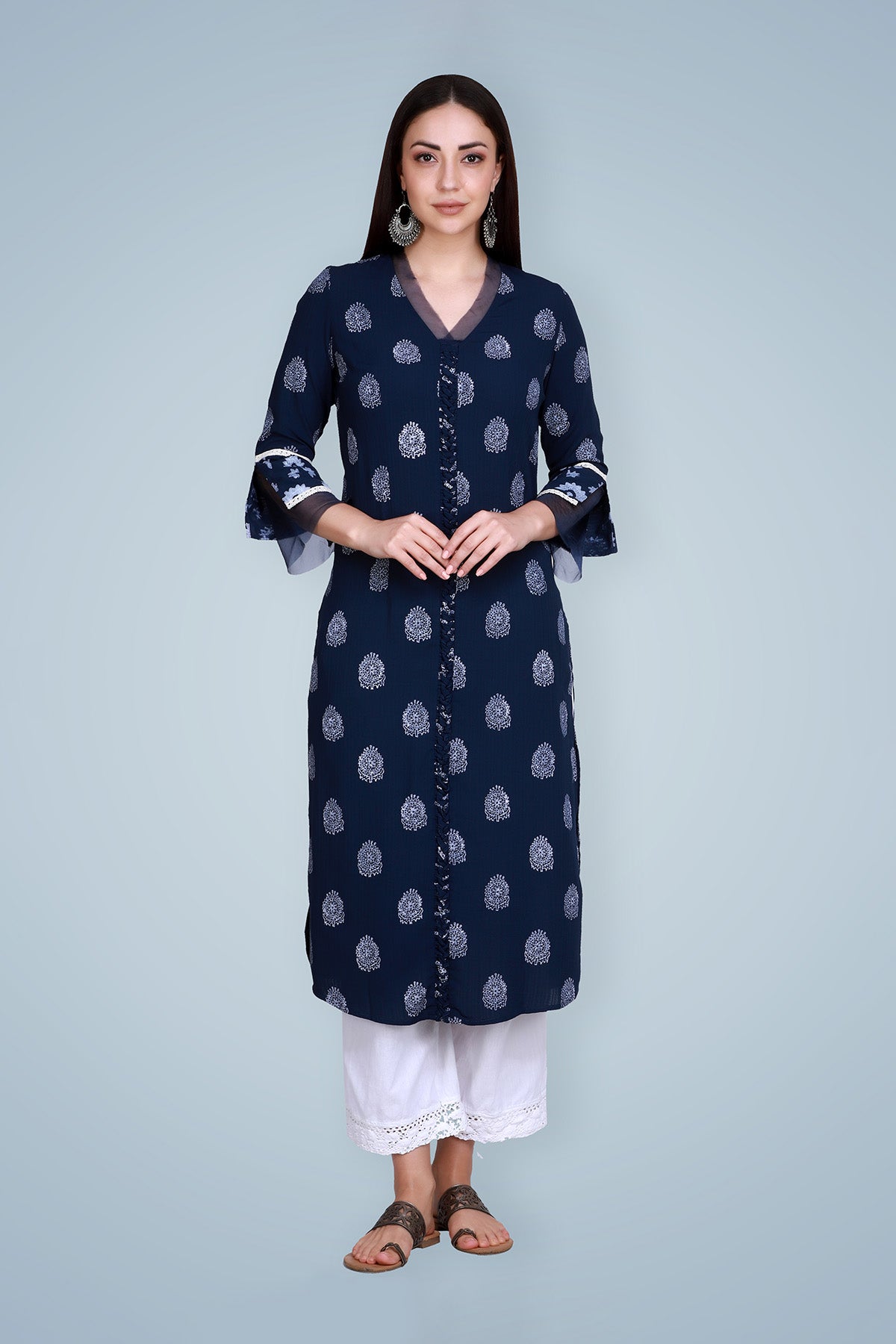 Navy Blue Hand Block Printed Straight Cotton Kurta