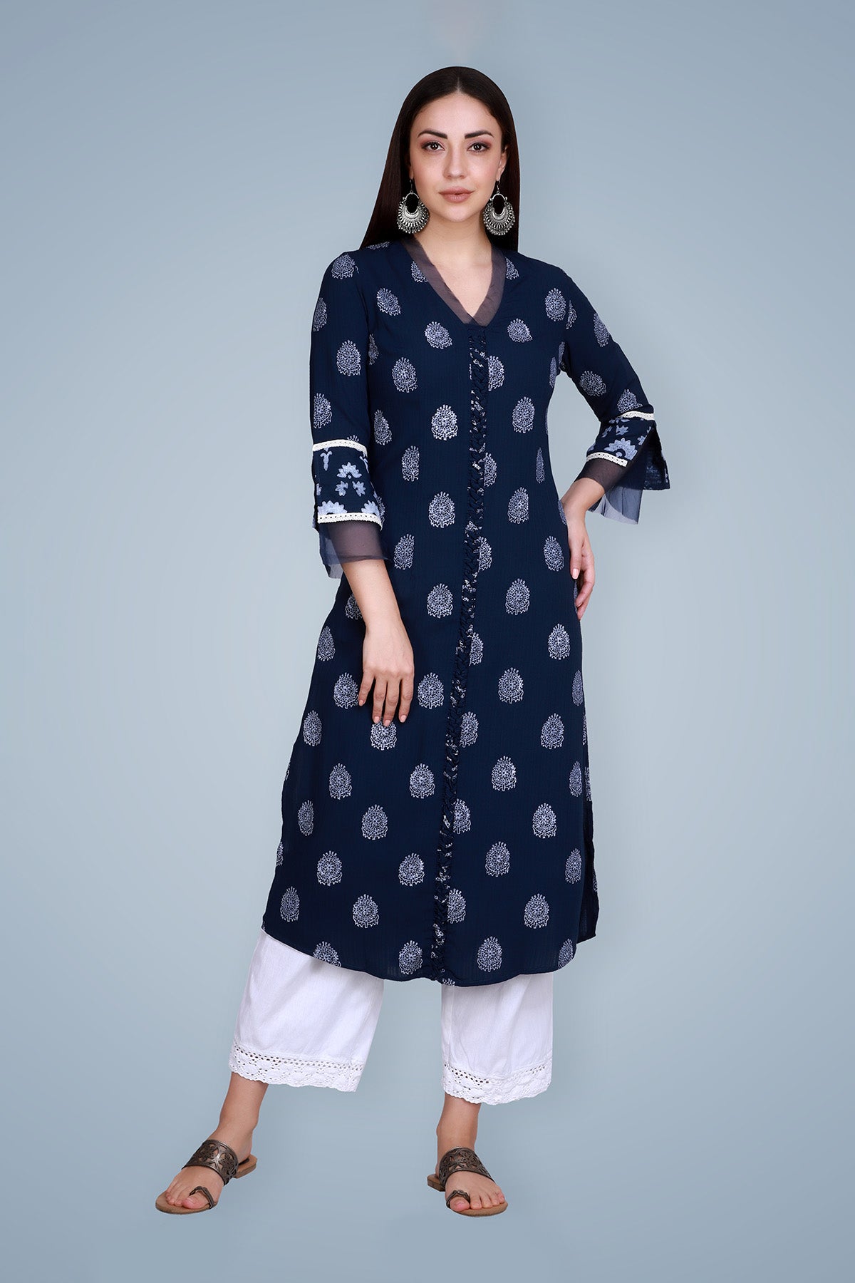 Navy Blue Hand Block Printed Straight Cotton Kurta