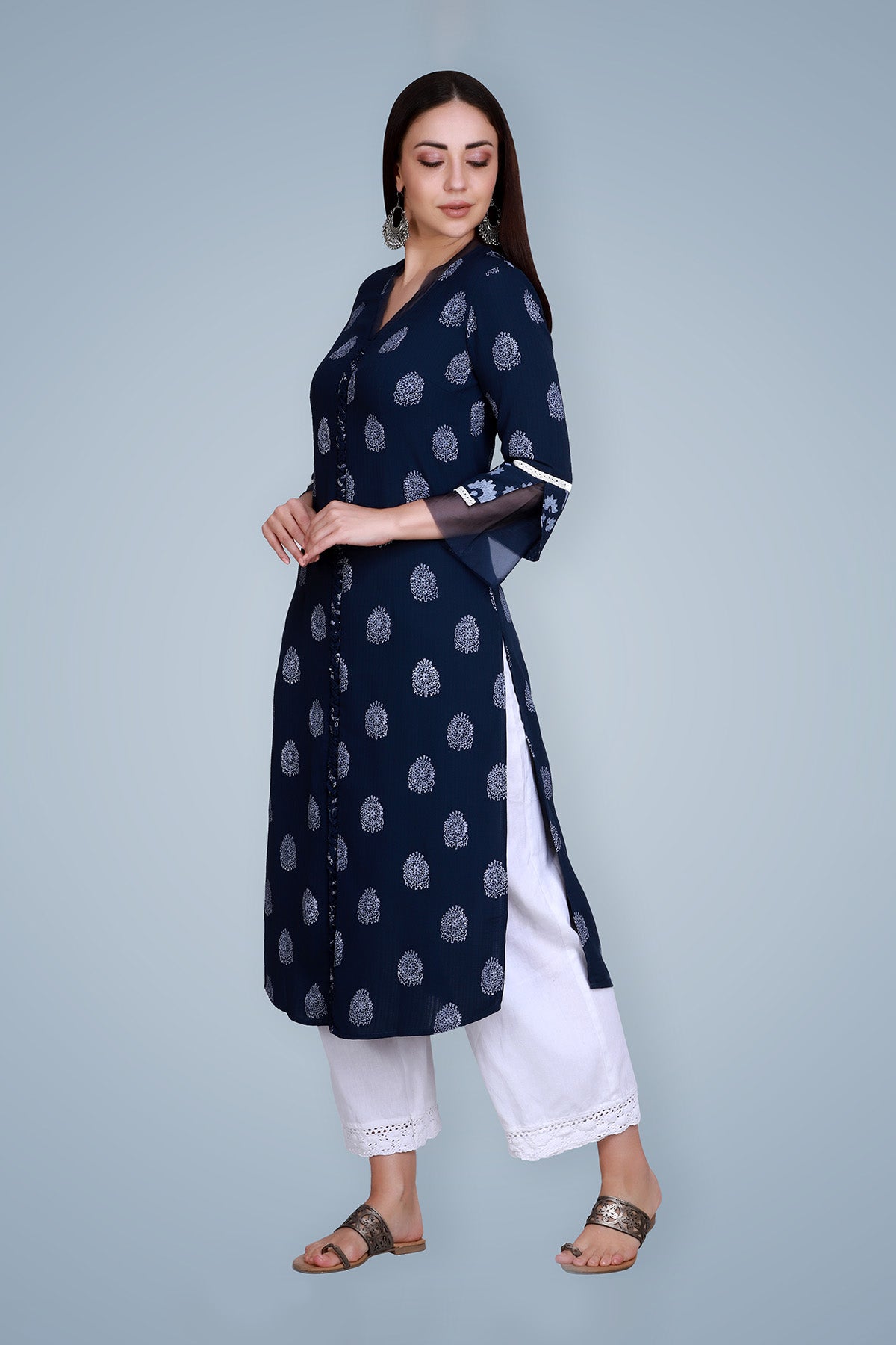 Navy Blue Hand Block Printed Straight Cotton Kurta