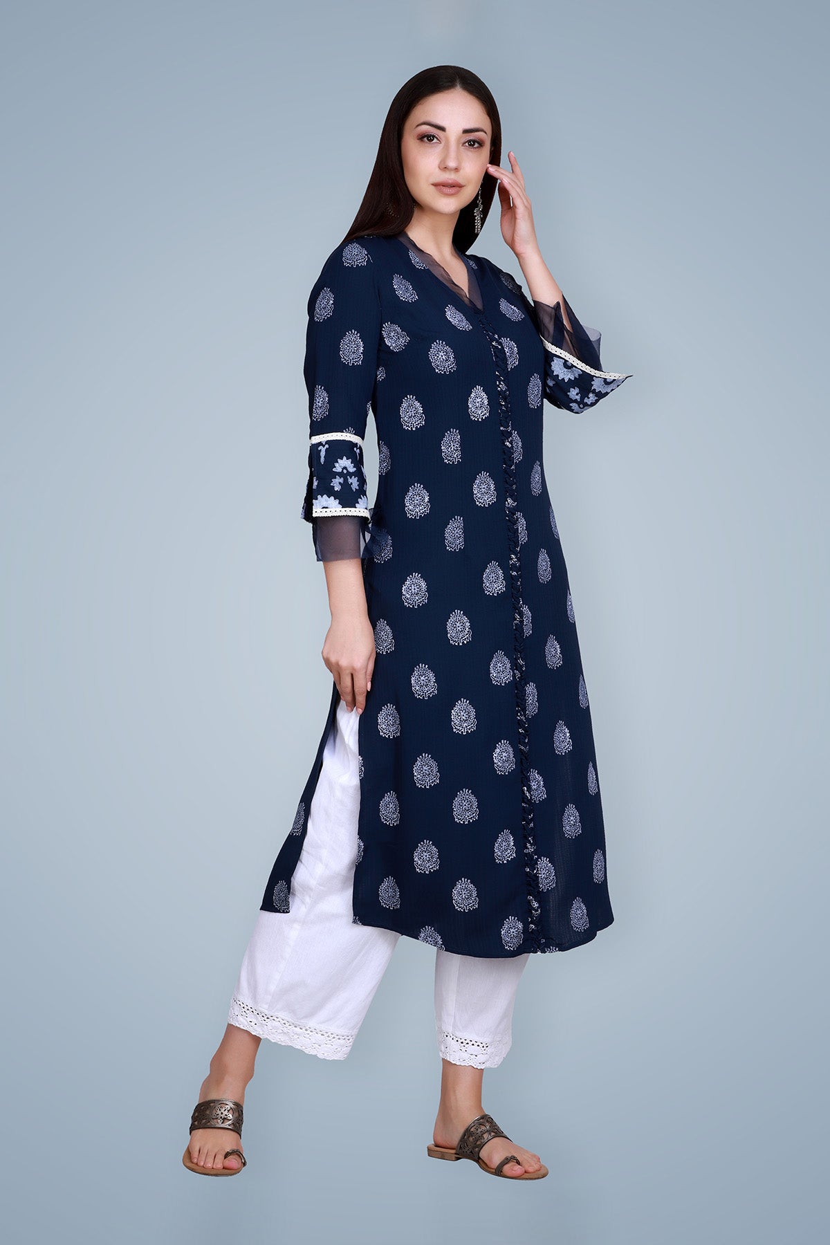 Navy Blue Hand Block Printed Straight Cotton Kurta
