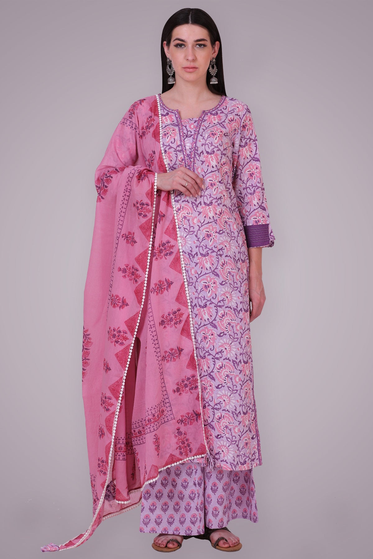 Lavender Pink Hand Block Printed Suit Set