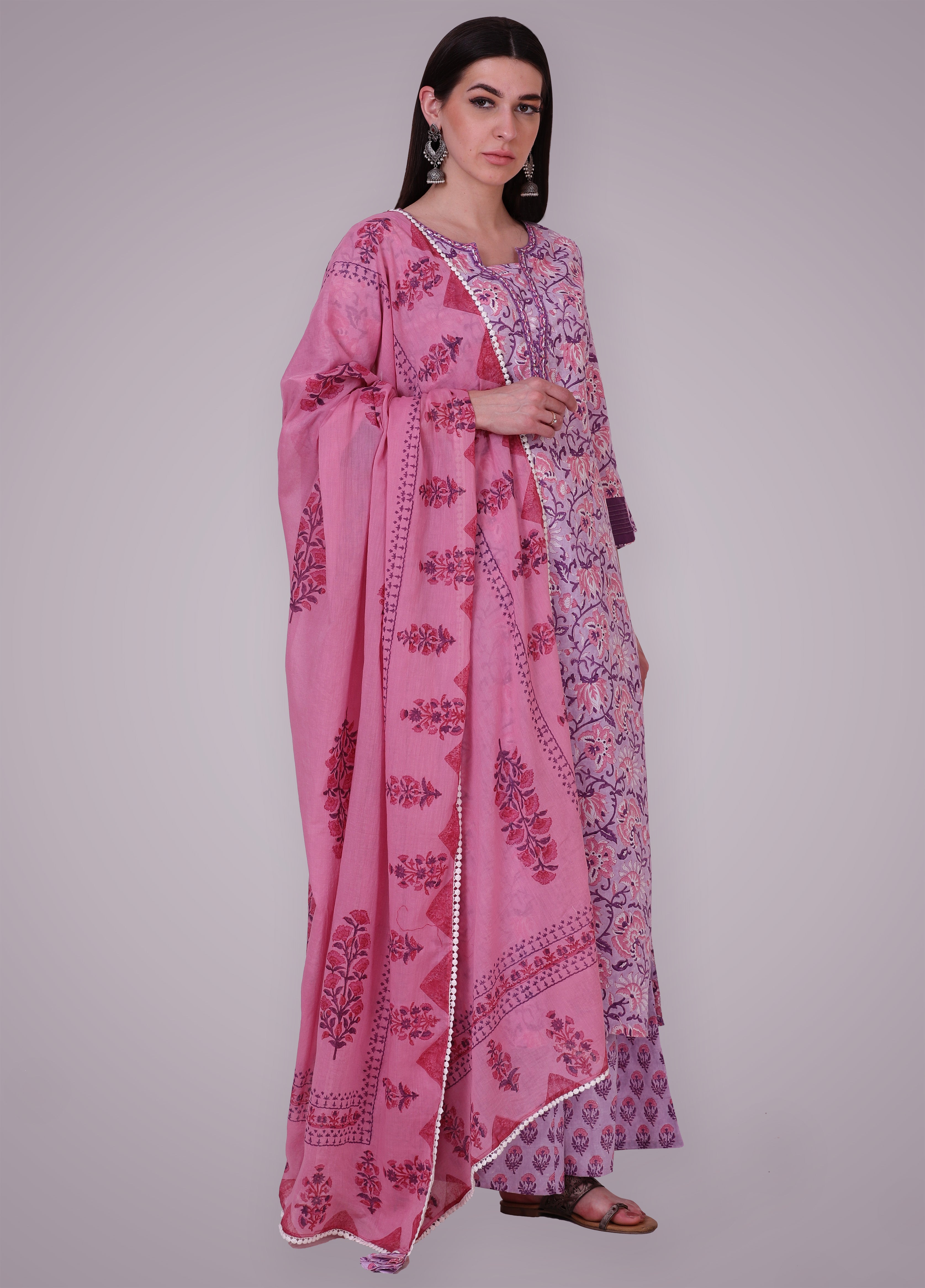 Lavender Pink Hand Block Printed Suit Set