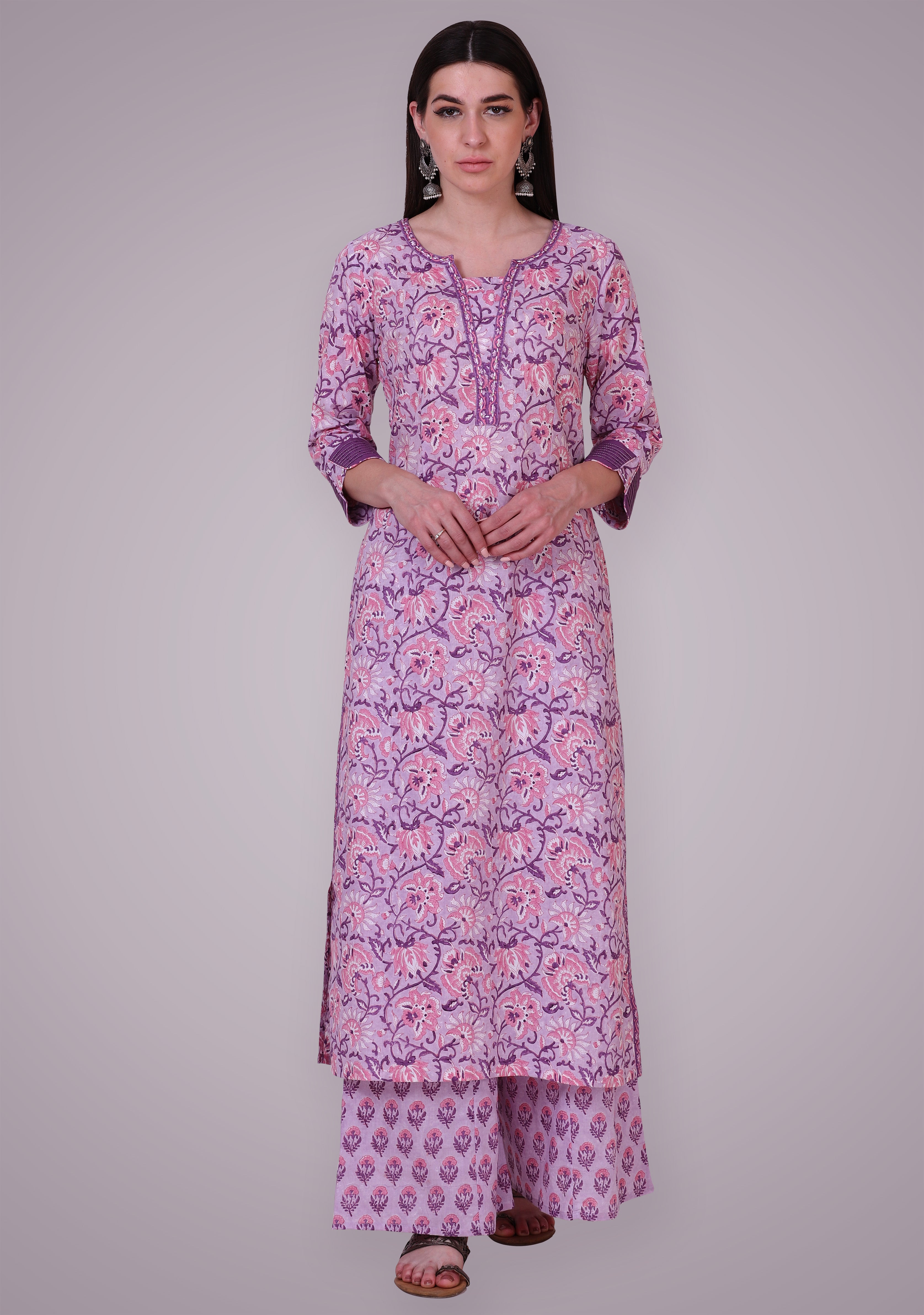 Lavender Pink Hand Block Printed Suit Set