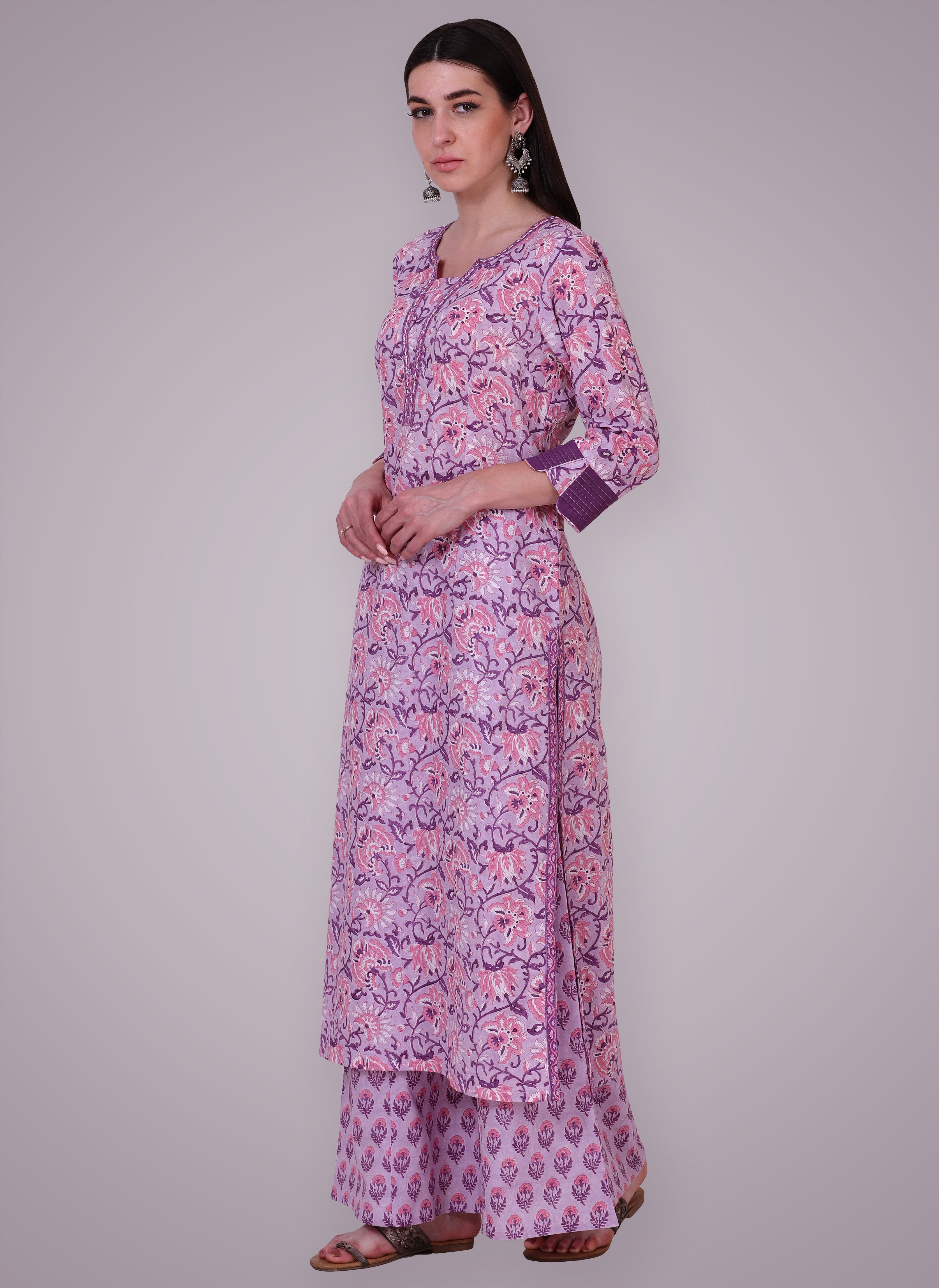 Lavender Pink Hand Block Printed Suit Set