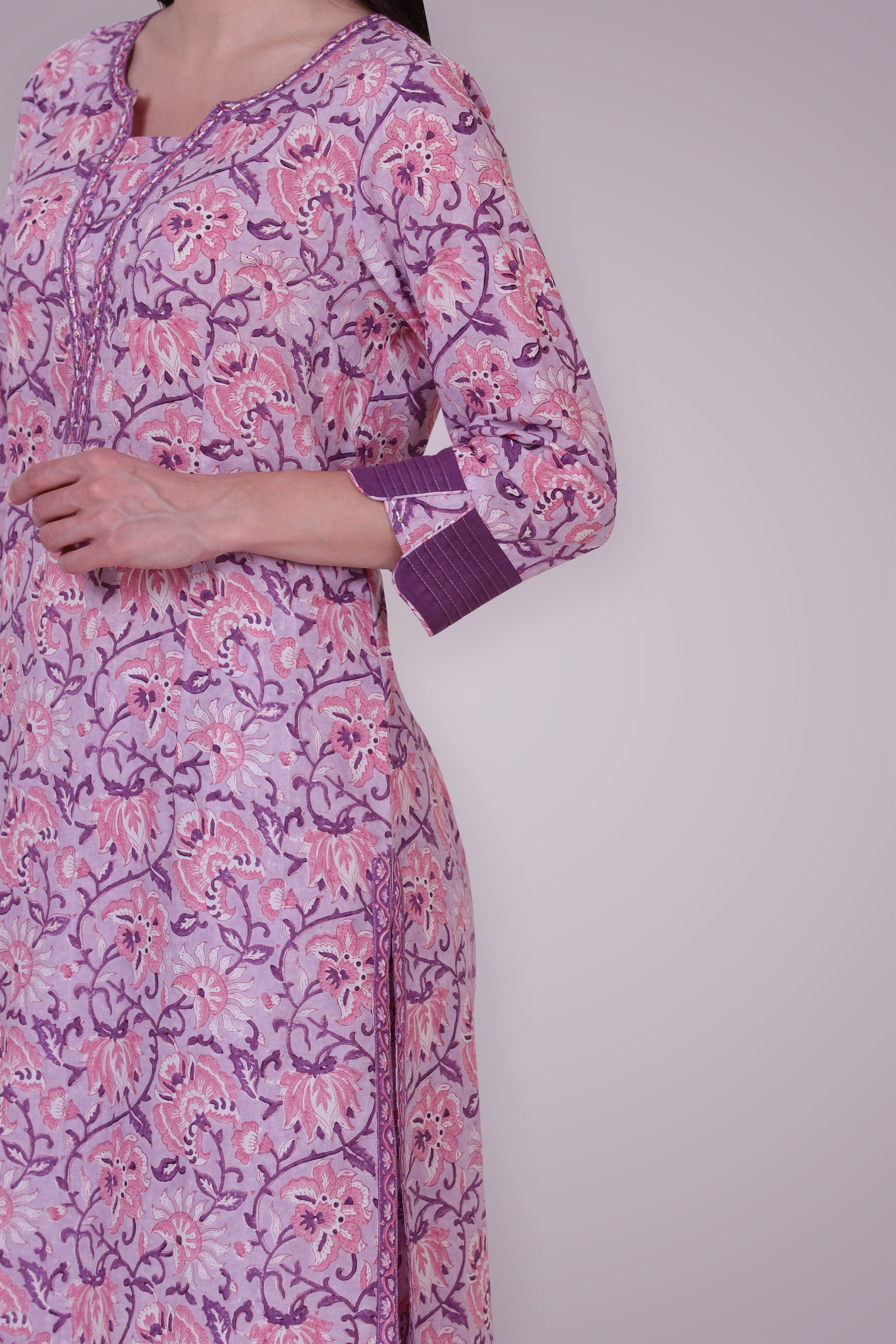 Lavender Pink Hand Block Printed Suit Set