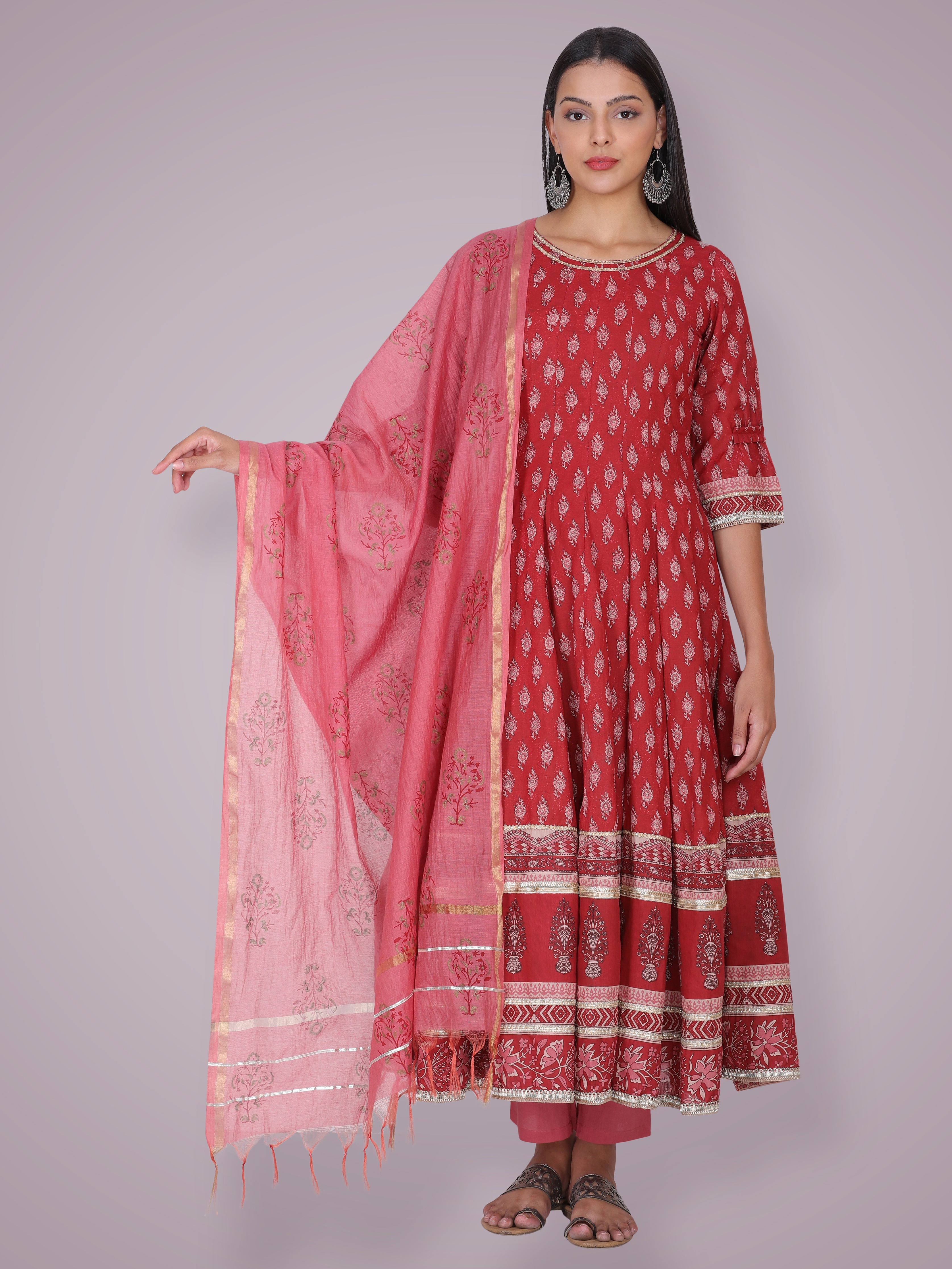 Ruhi Singh in Rust Red Hand Block Printed Anarkali Suit Set