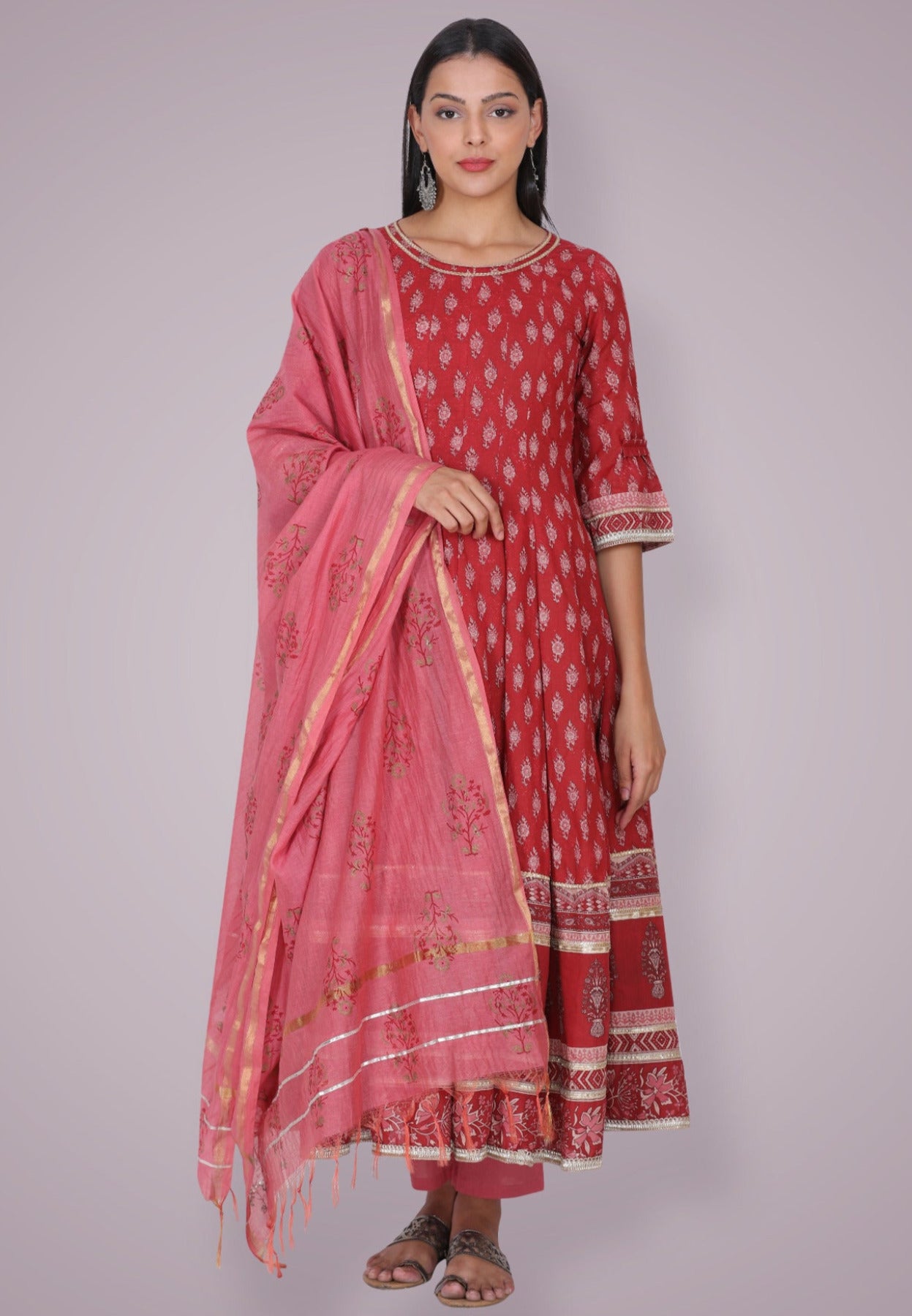 Rust Red Hand Block Printed Anarkali Suit Set