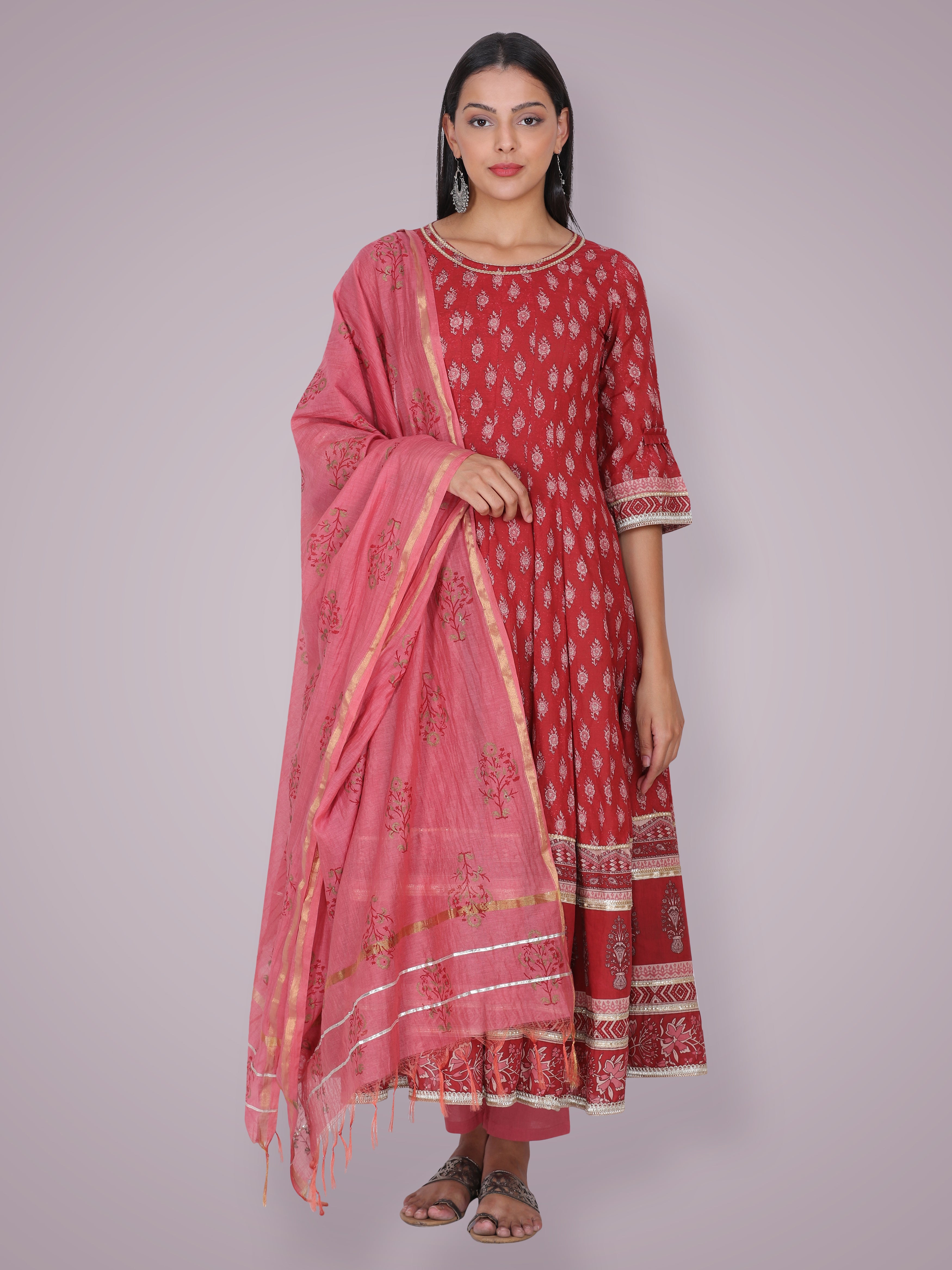 Ruhi Singh in Rust Red Hand Block Printed Anarkali Suit Set