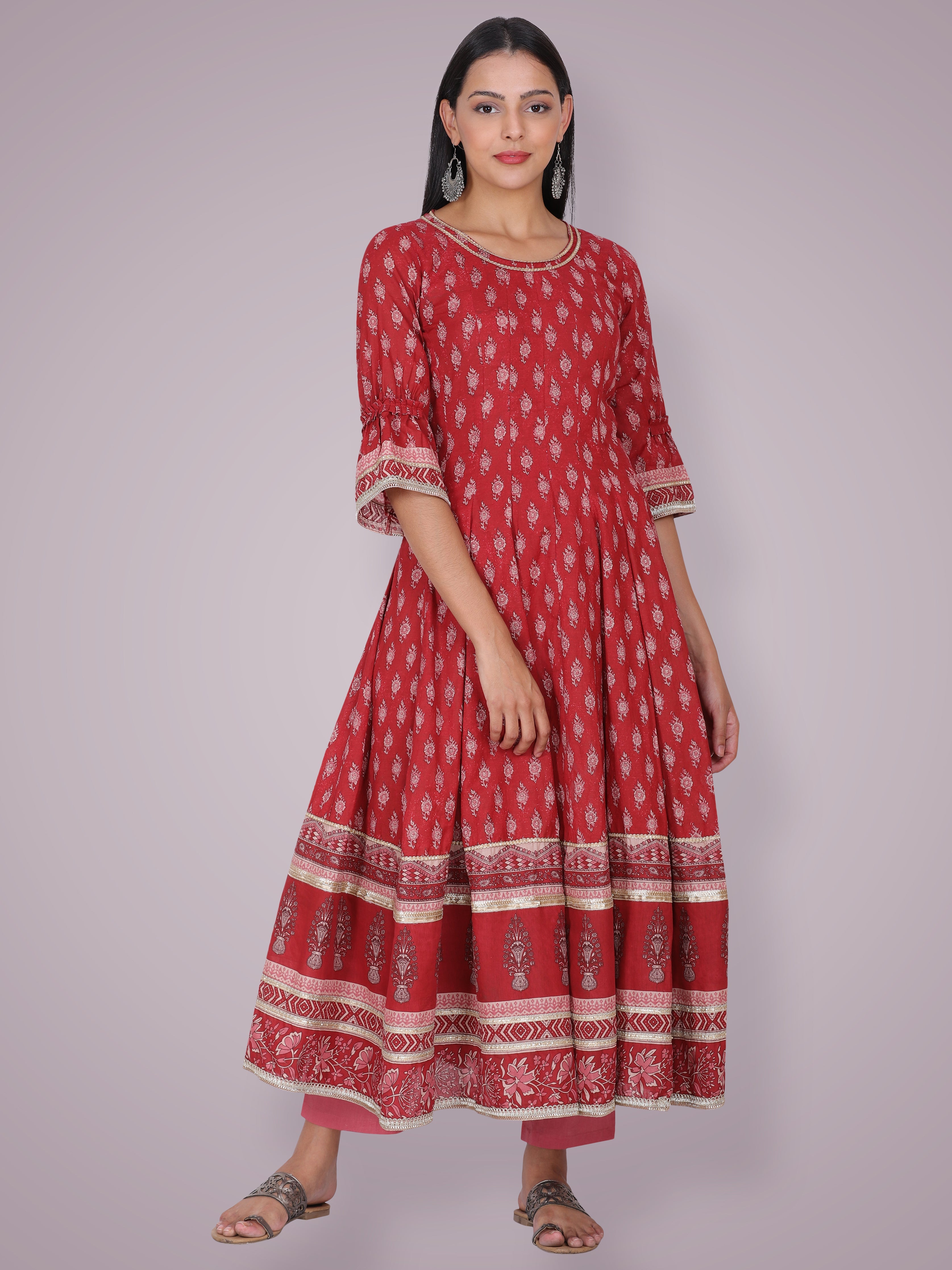 Ruhi Singh in Rust Red Hand Block Printed Anarkali Suit Set