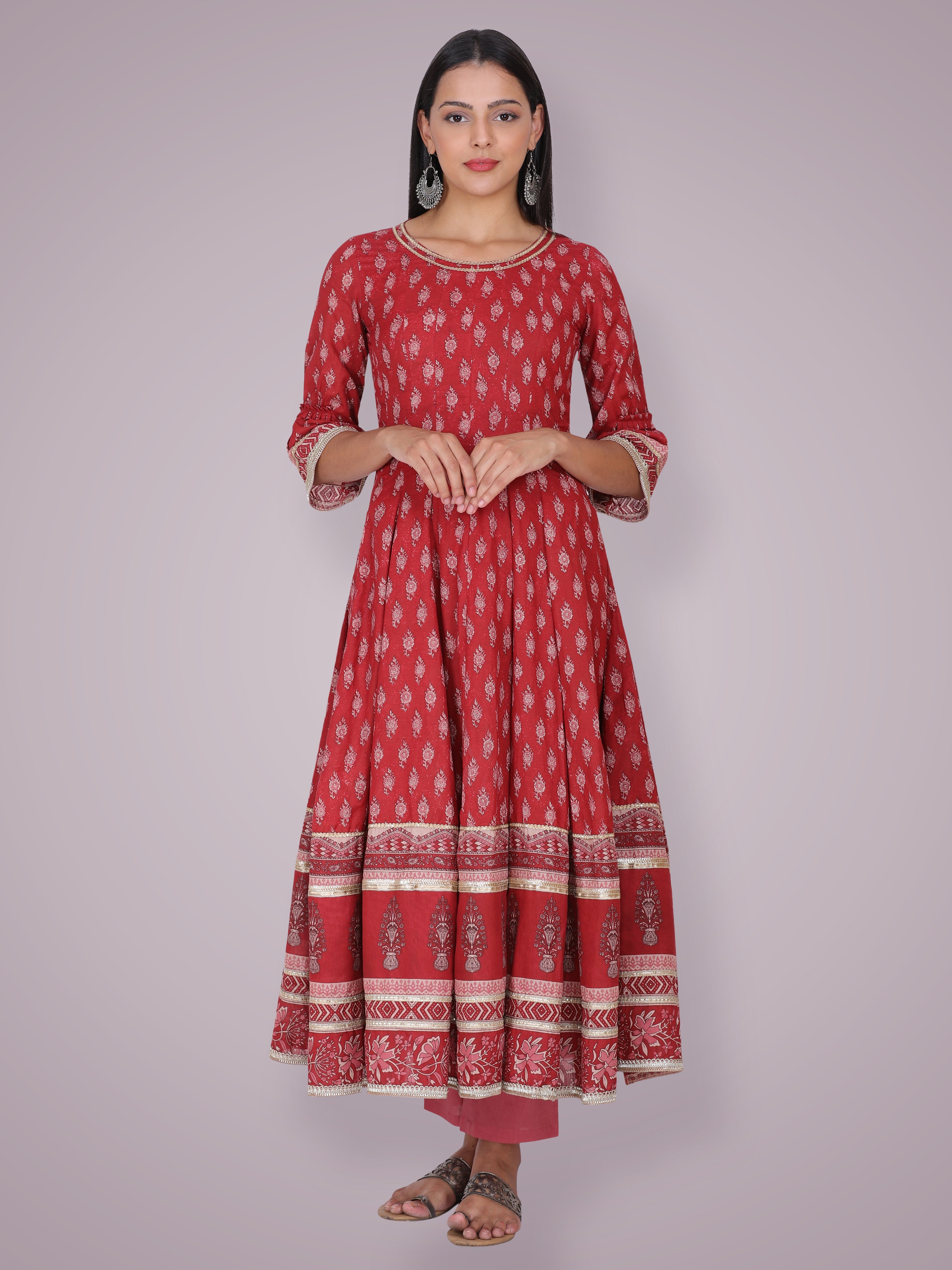 Ruhi Singh in Rust Red Hand Block Printed Anarkali Suit Set