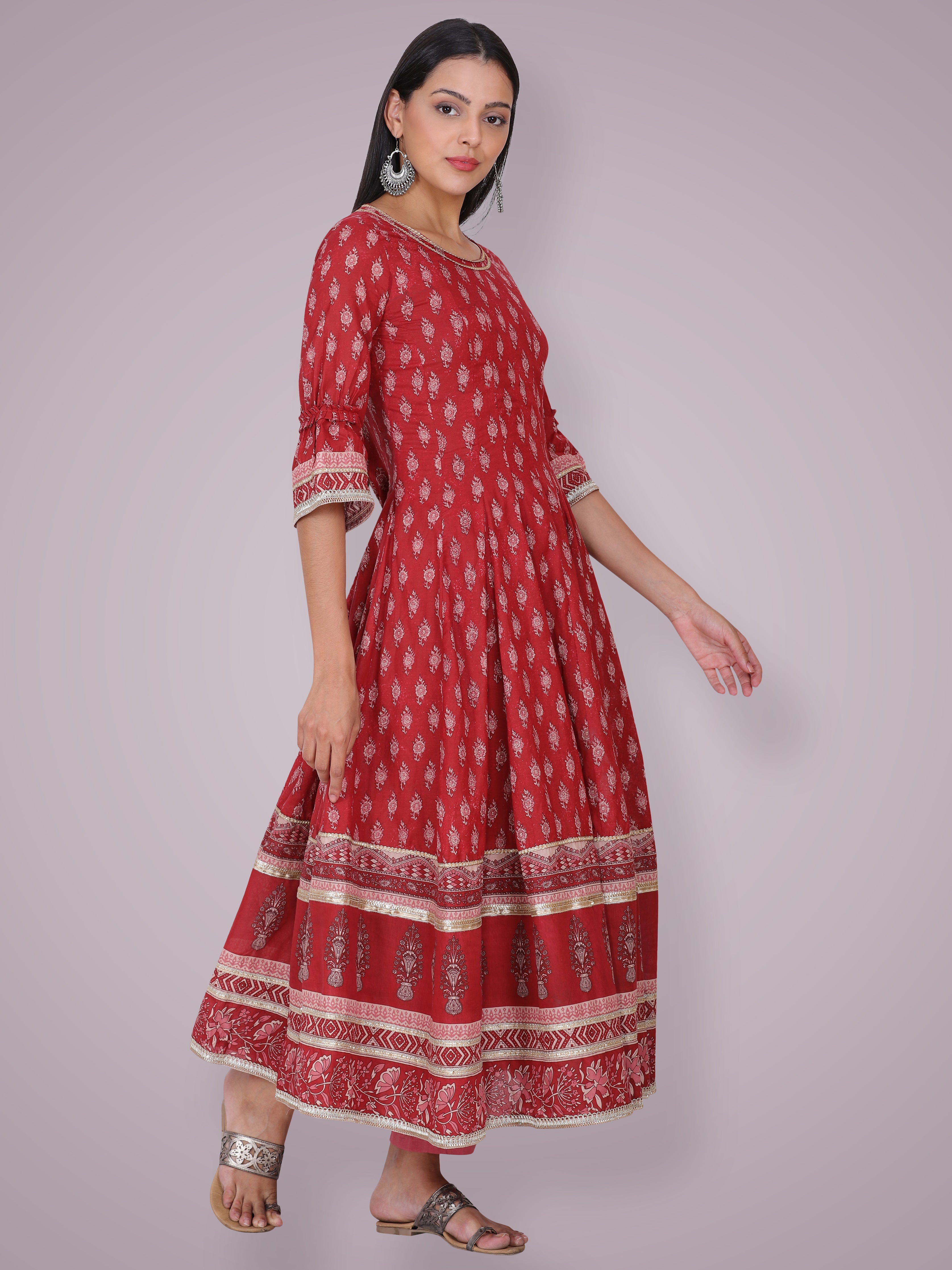 Rust Red Hand Block Printed Anarkali Suit Set