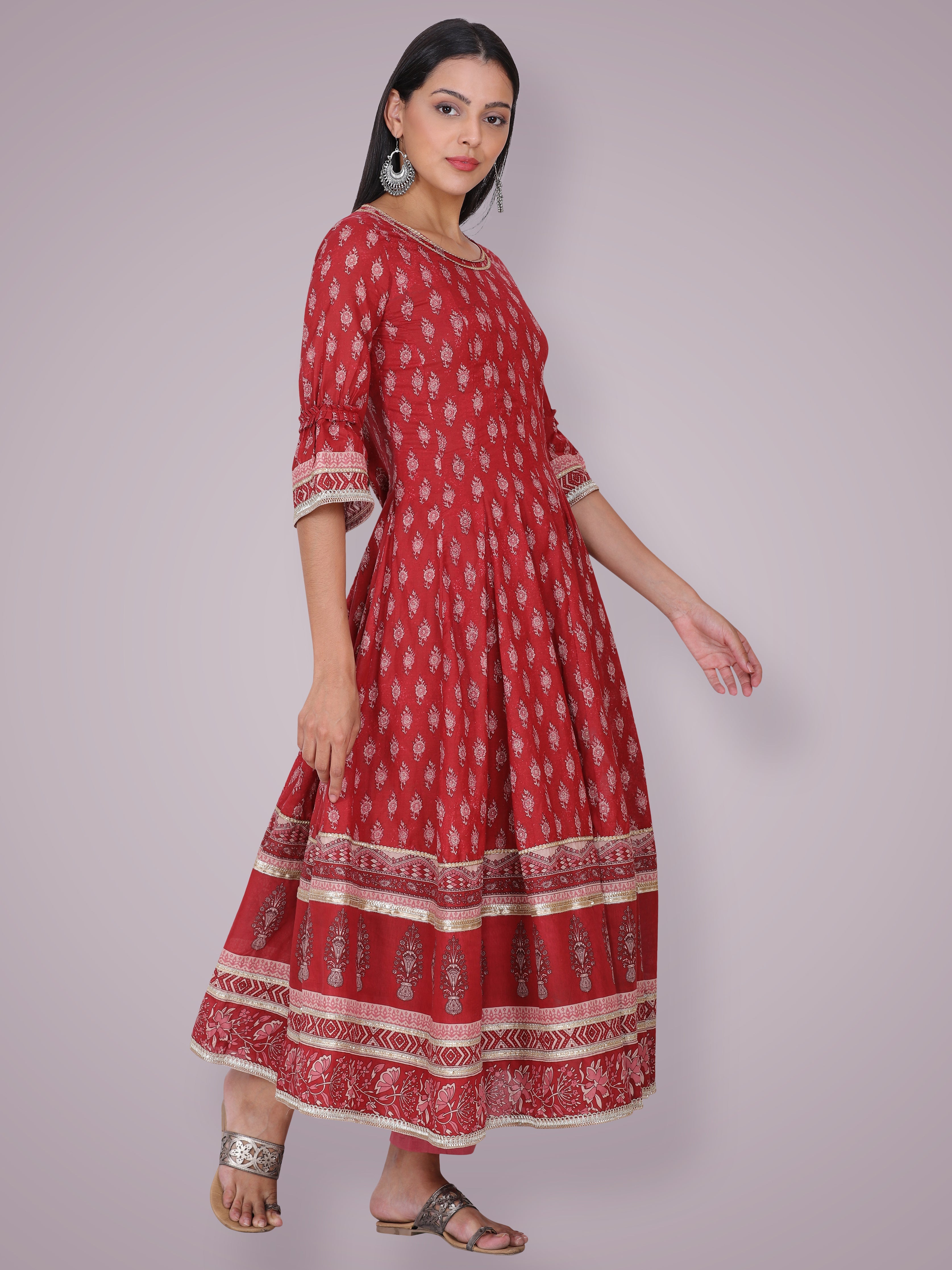 Ruhi Singh in Rust Red Hand Block Printed Anarkali Suit Set