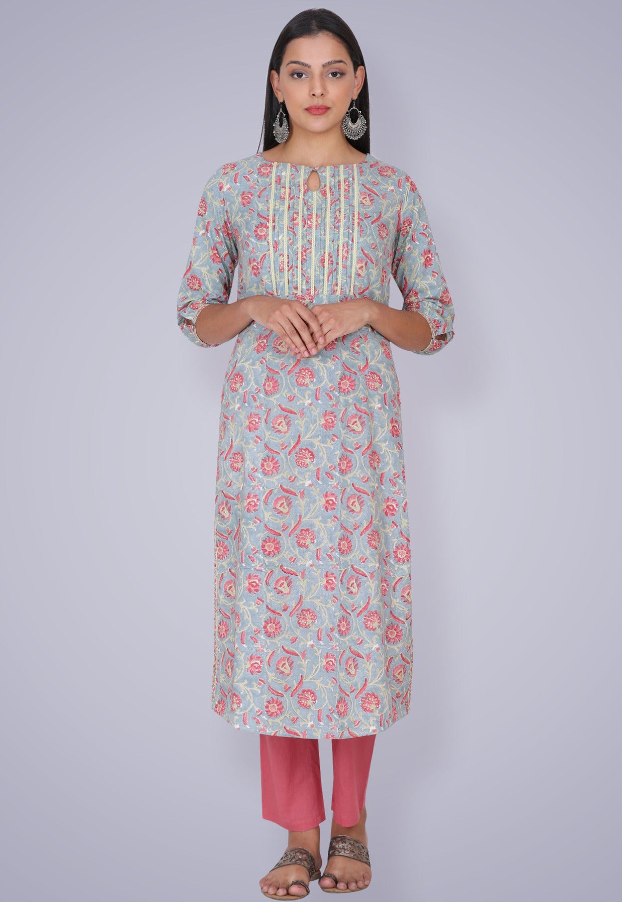 Light Grey Blue Floral Hand Block Printed Cotton Kurta