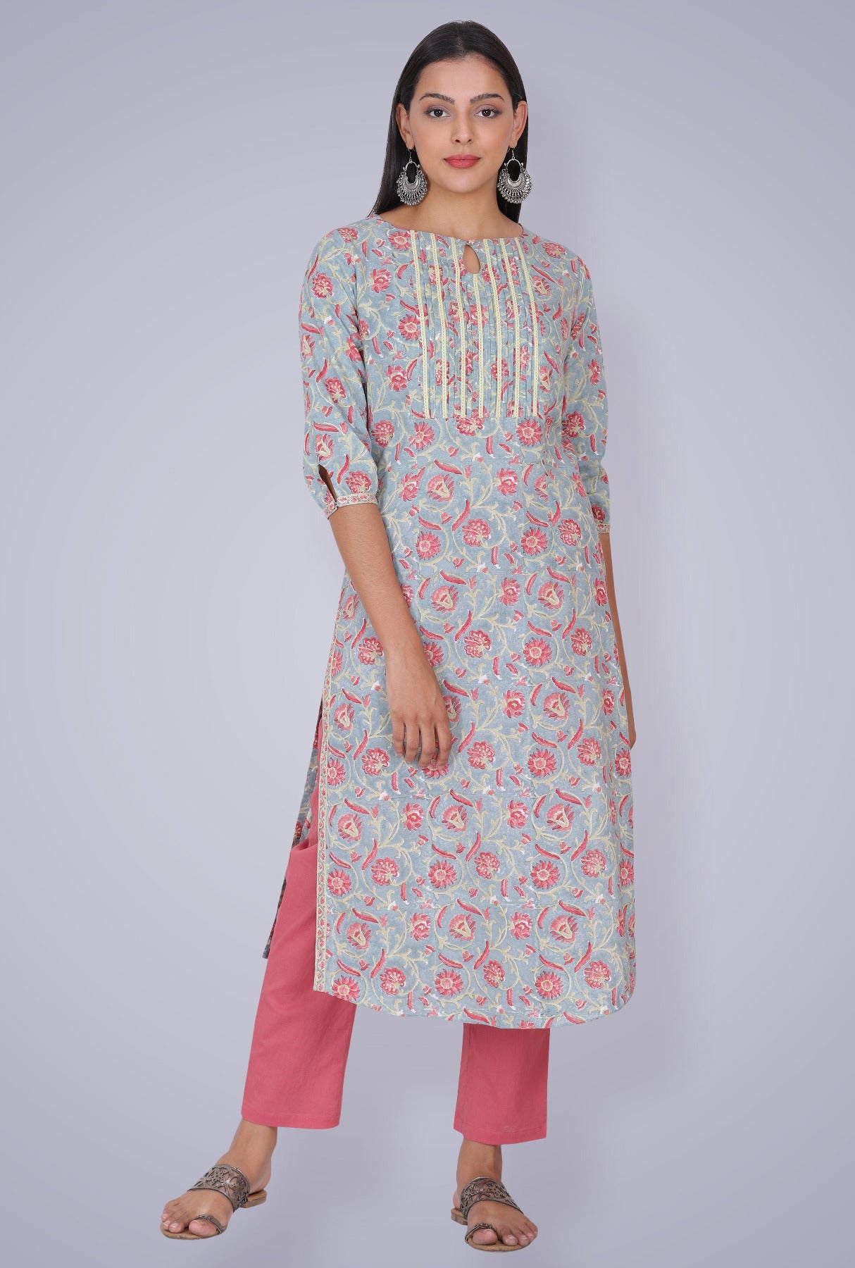Light Grey Blue Floral Hand Block Printed Cotton Kurta