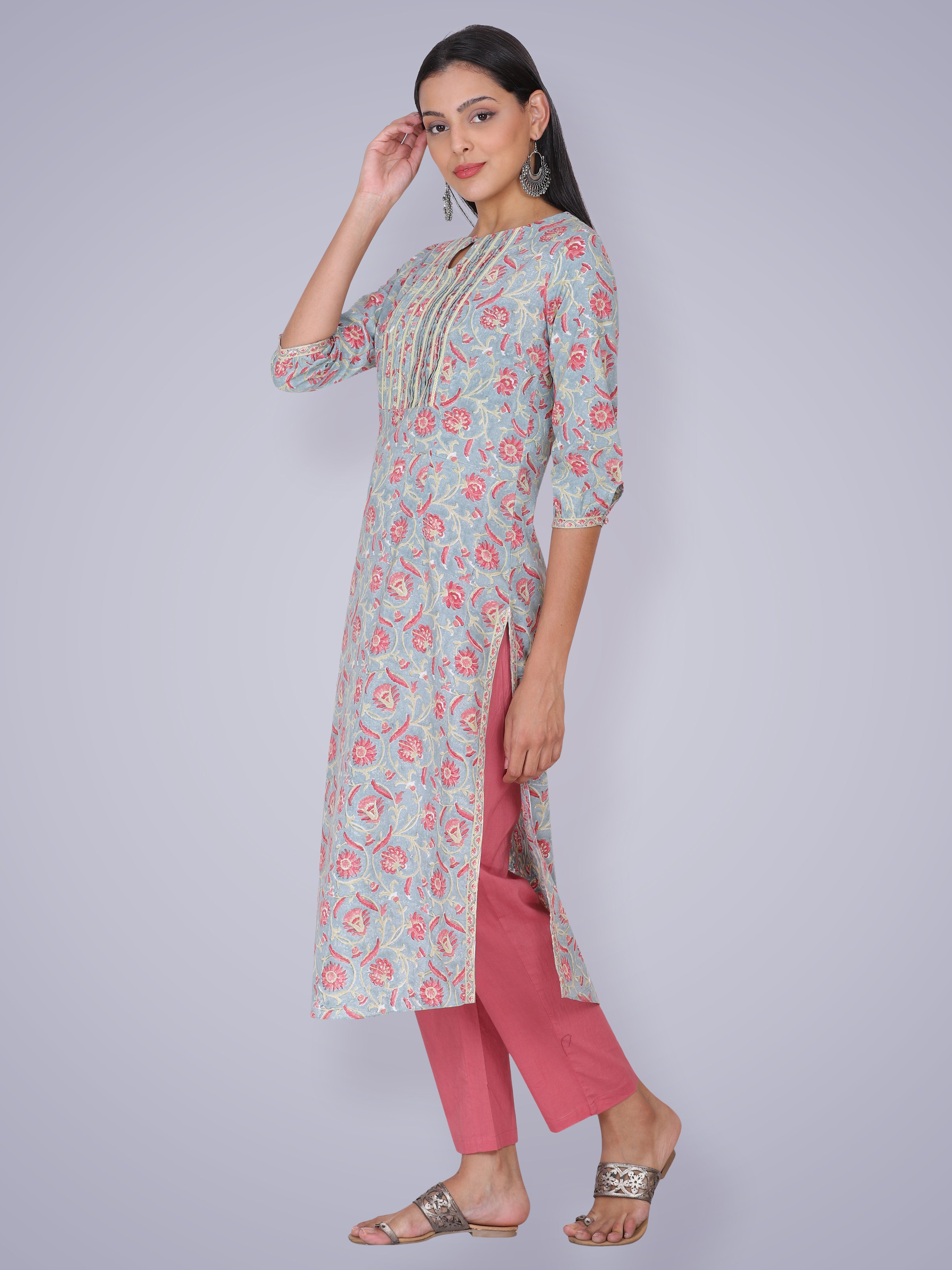 Light Grey Blue Floral Hand Block Printed Cotton Kurta