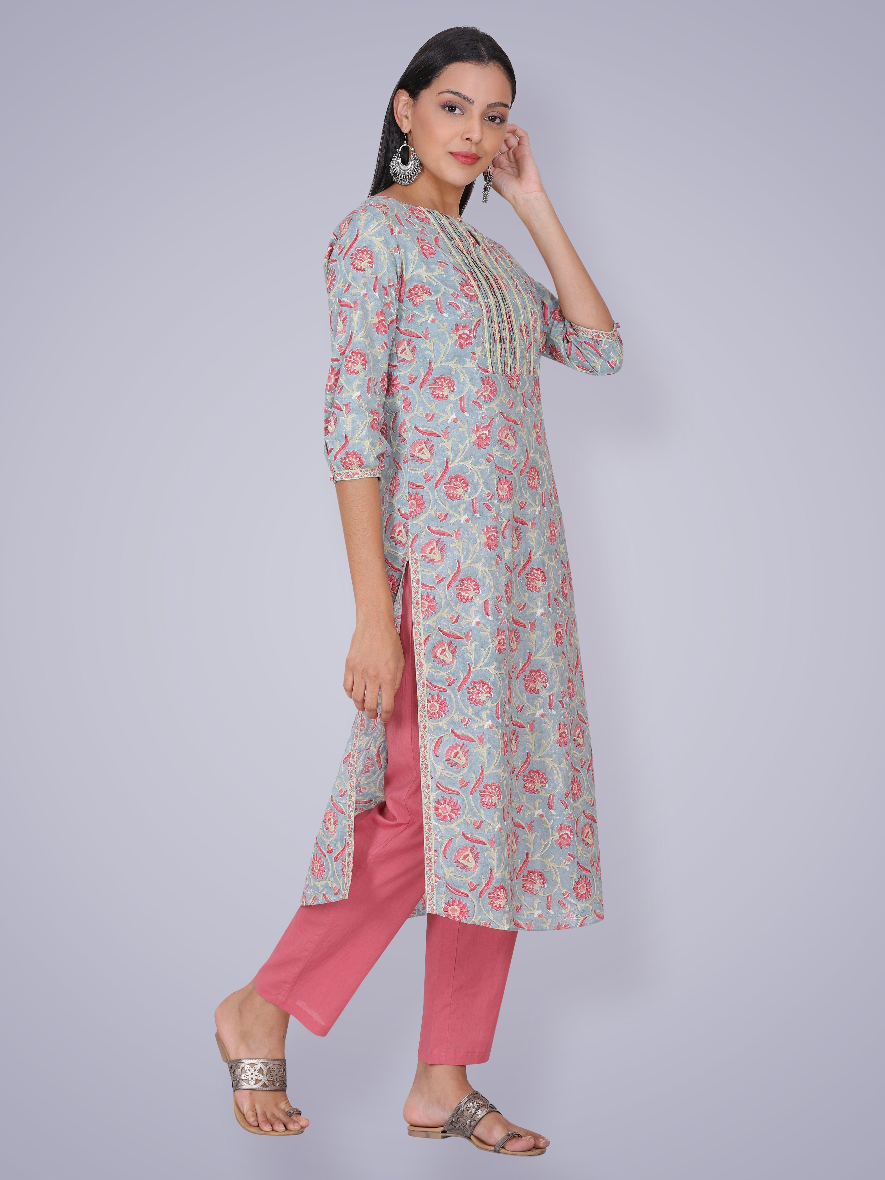 Light Grey Blue Floral Hand Block Printed Cotton Kurta