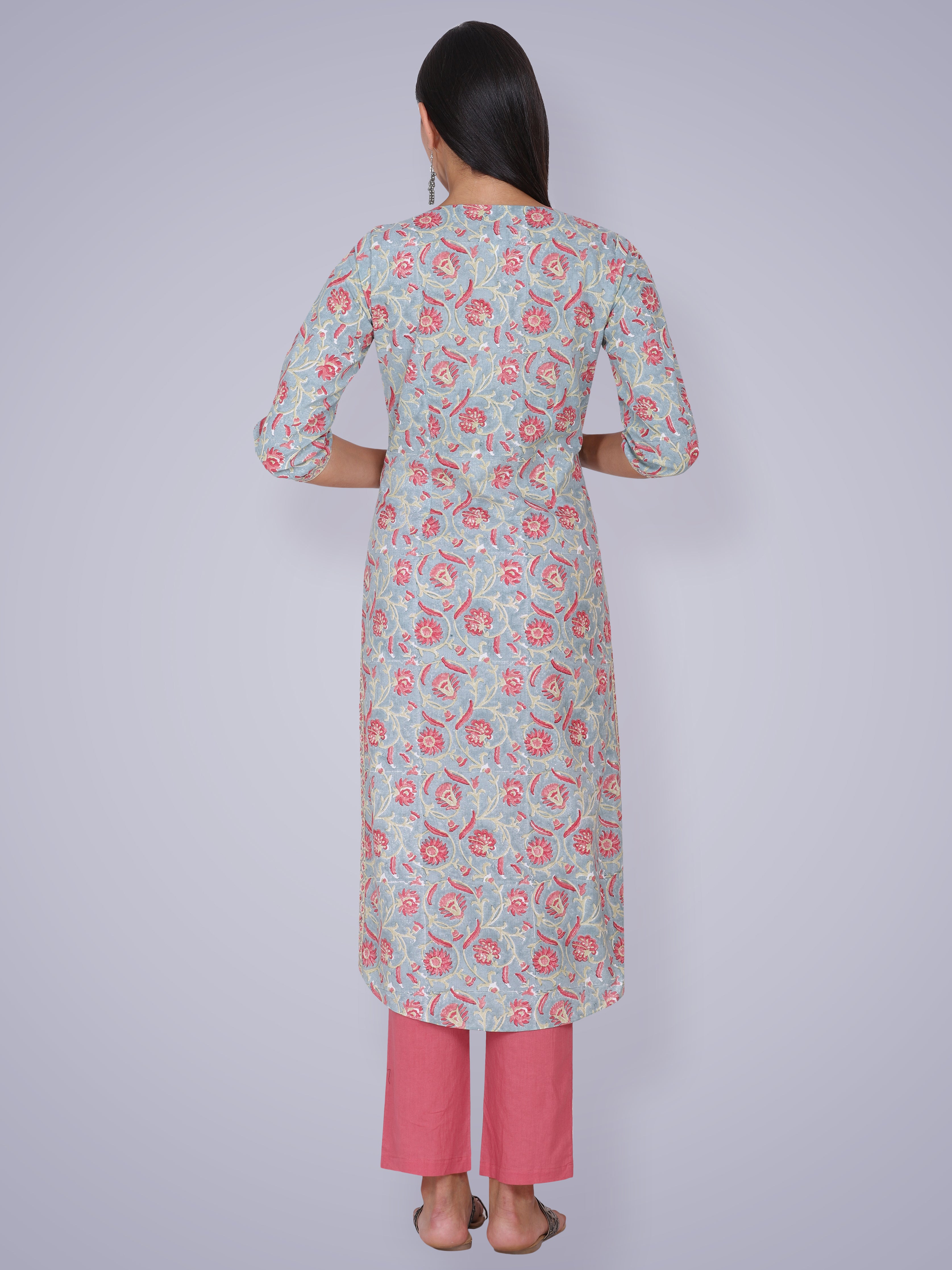 Light Grey Blue Floral Hand Block Printed Cotton Kurta