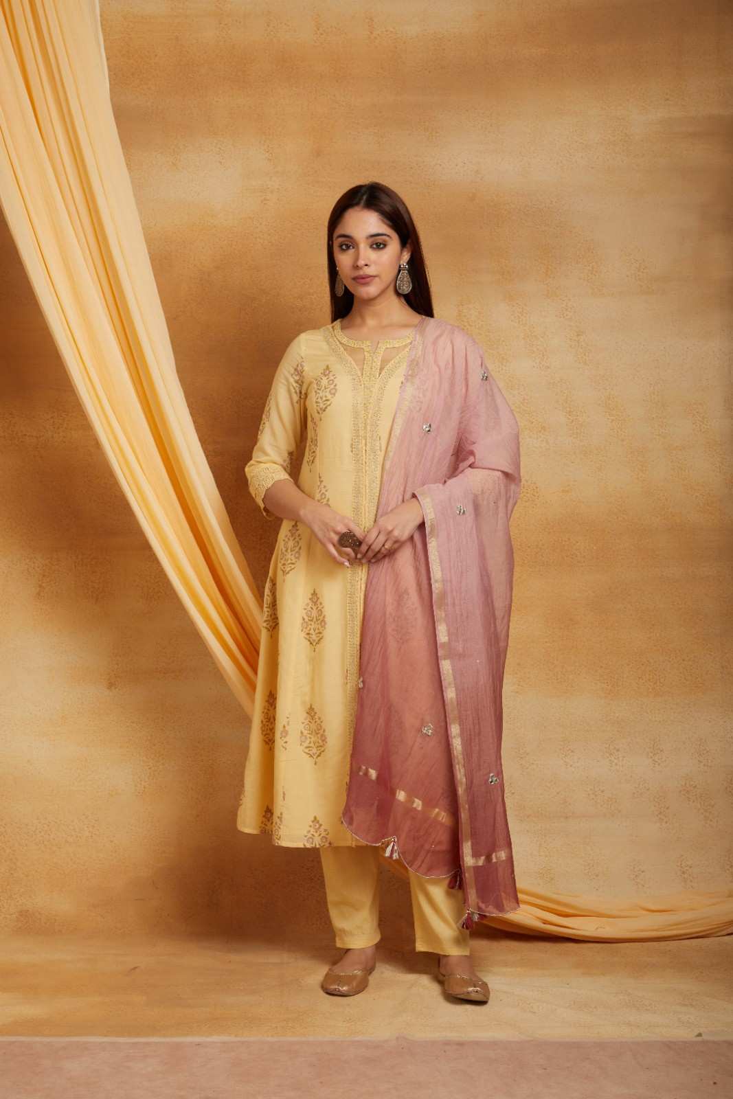 Yellow Block Printed and Embroidered Suit Set