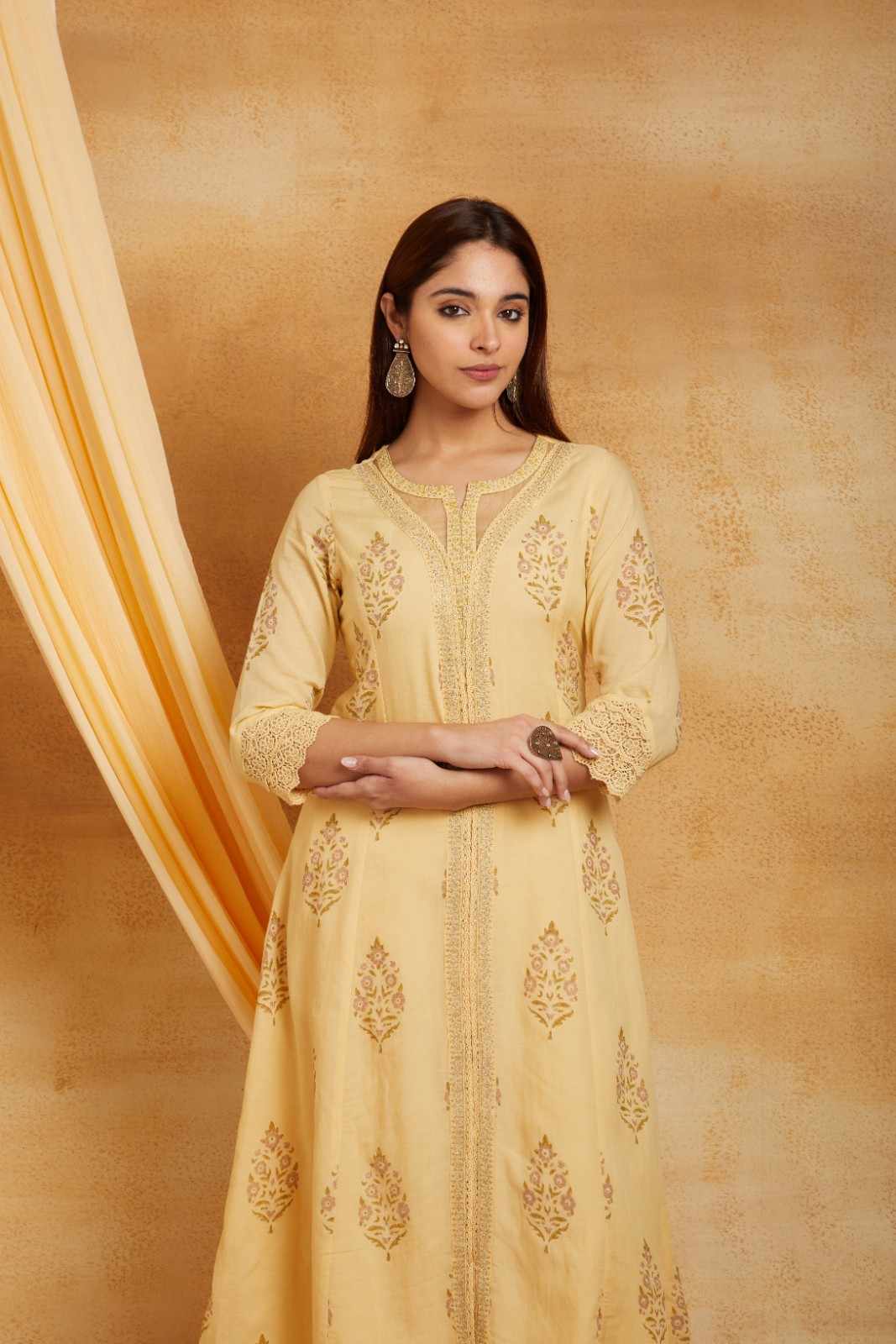Yellow Block Printed and Embroidered Suit Set
