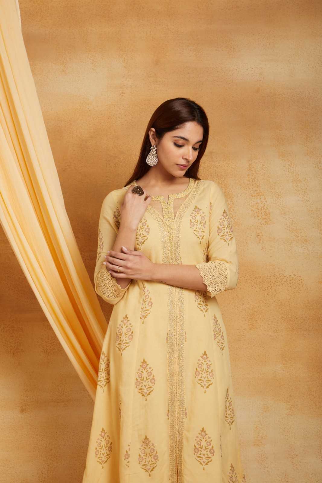 Yellow Block Printed and Embroidered Suit Set