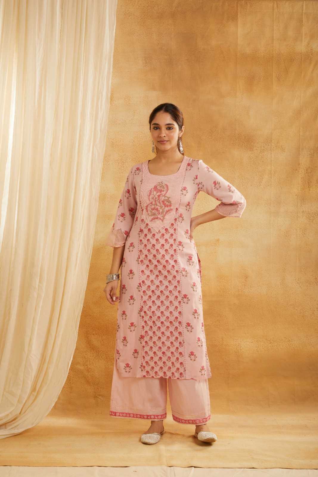 Rose Garden Block Printed Embroidered Suit Set