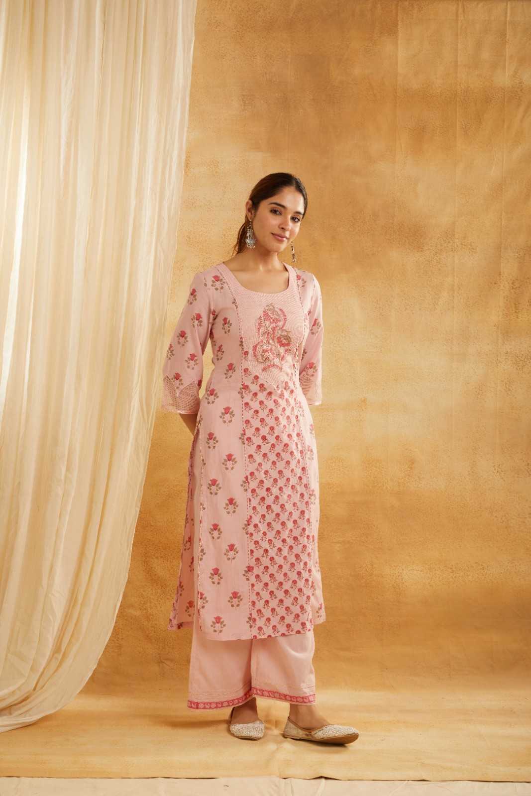 Rose Garden Block Printed Embroidered Suit Set