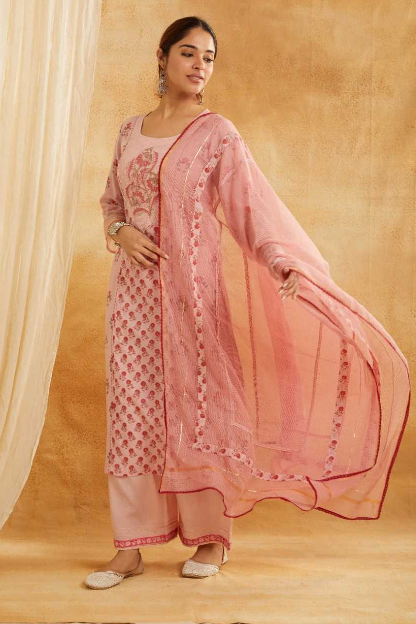 Rose Garden Block Printed Embroidered Suit Set